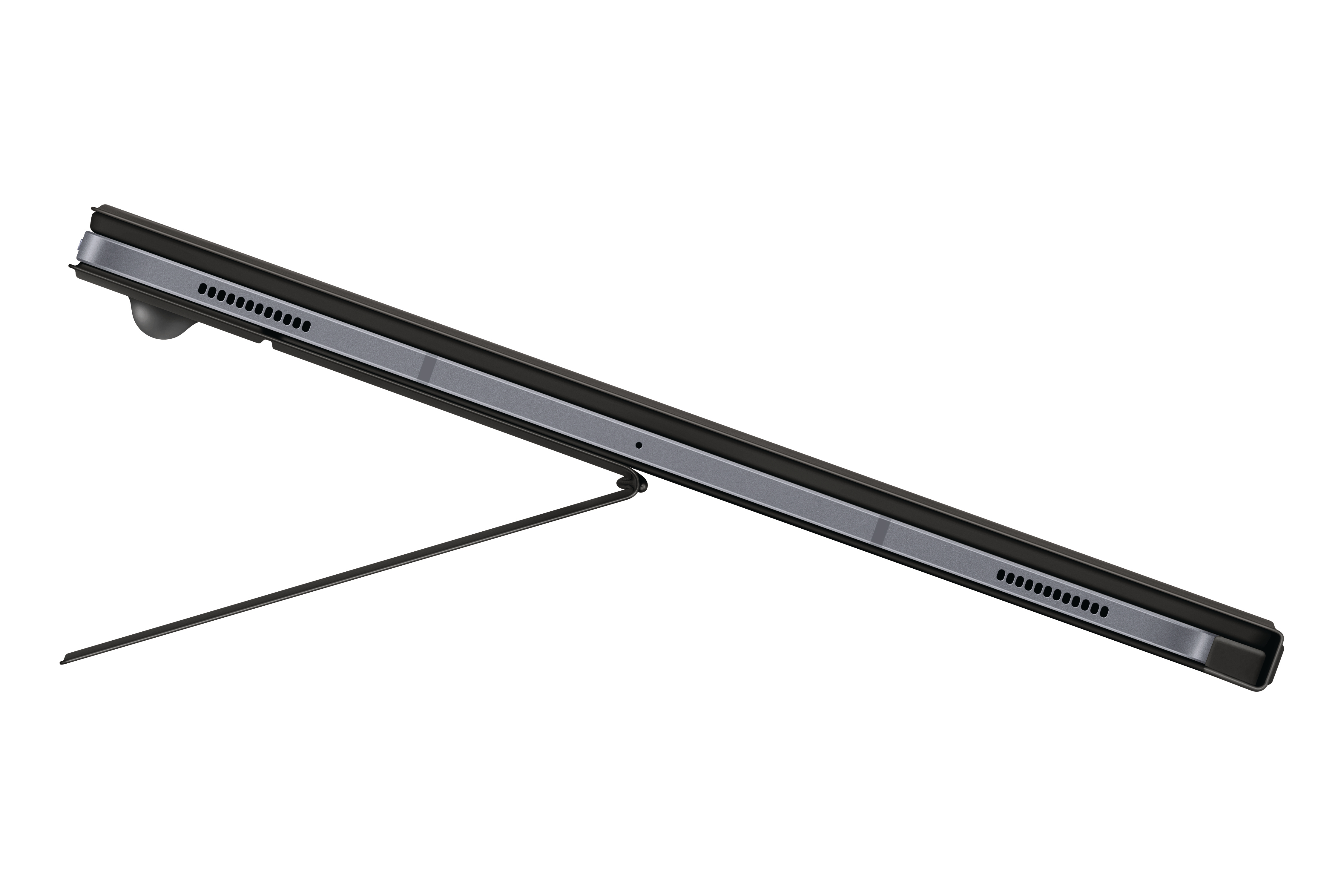 Ein Tablet mit Ständer auf weißem Hintergrund, abgewinkelt. Schwarz und Grau sind sichtbar.