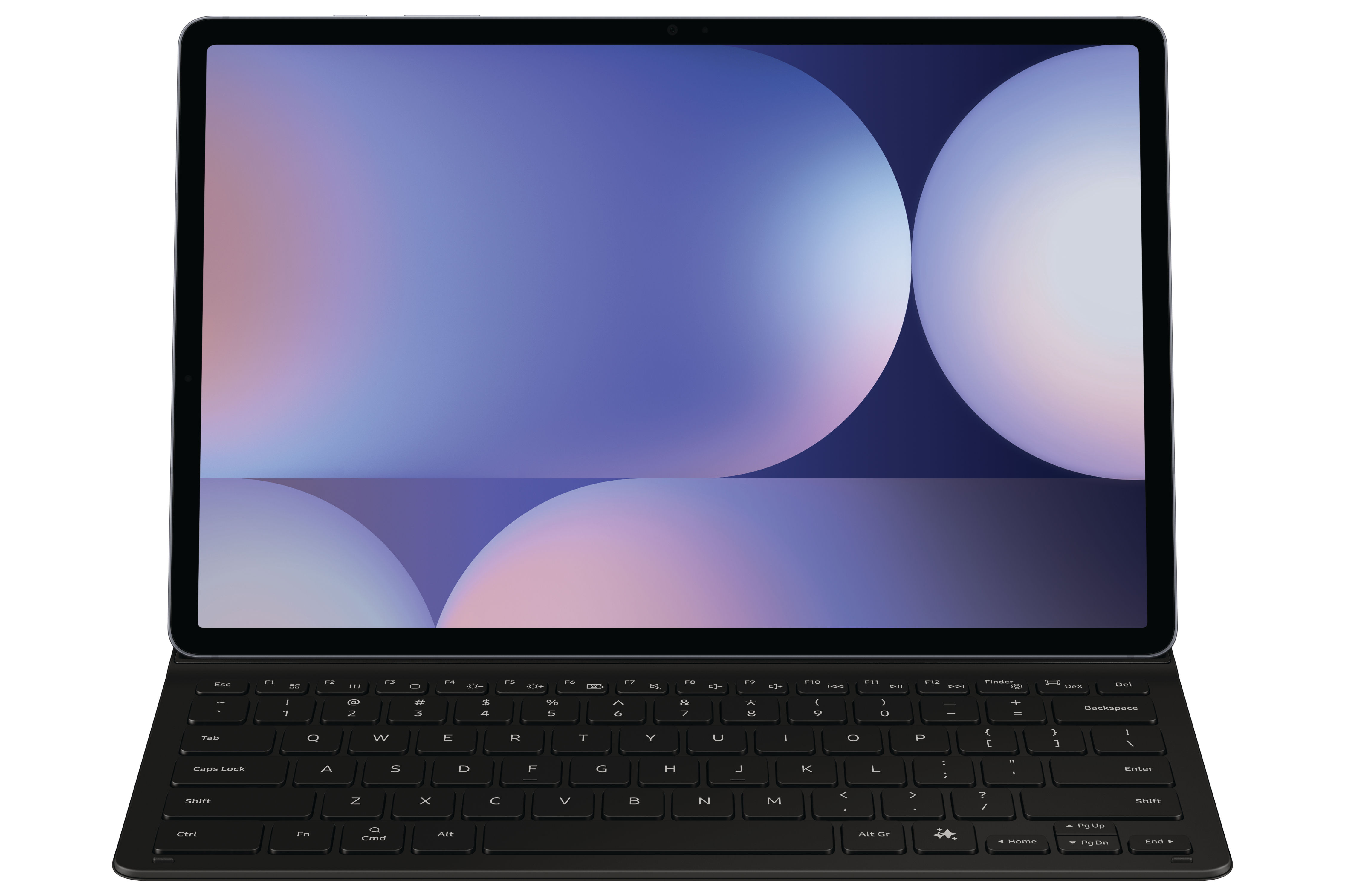 Tablet mit schwarzem Bildschirm und Tastatur vor weißem Hintergrund.