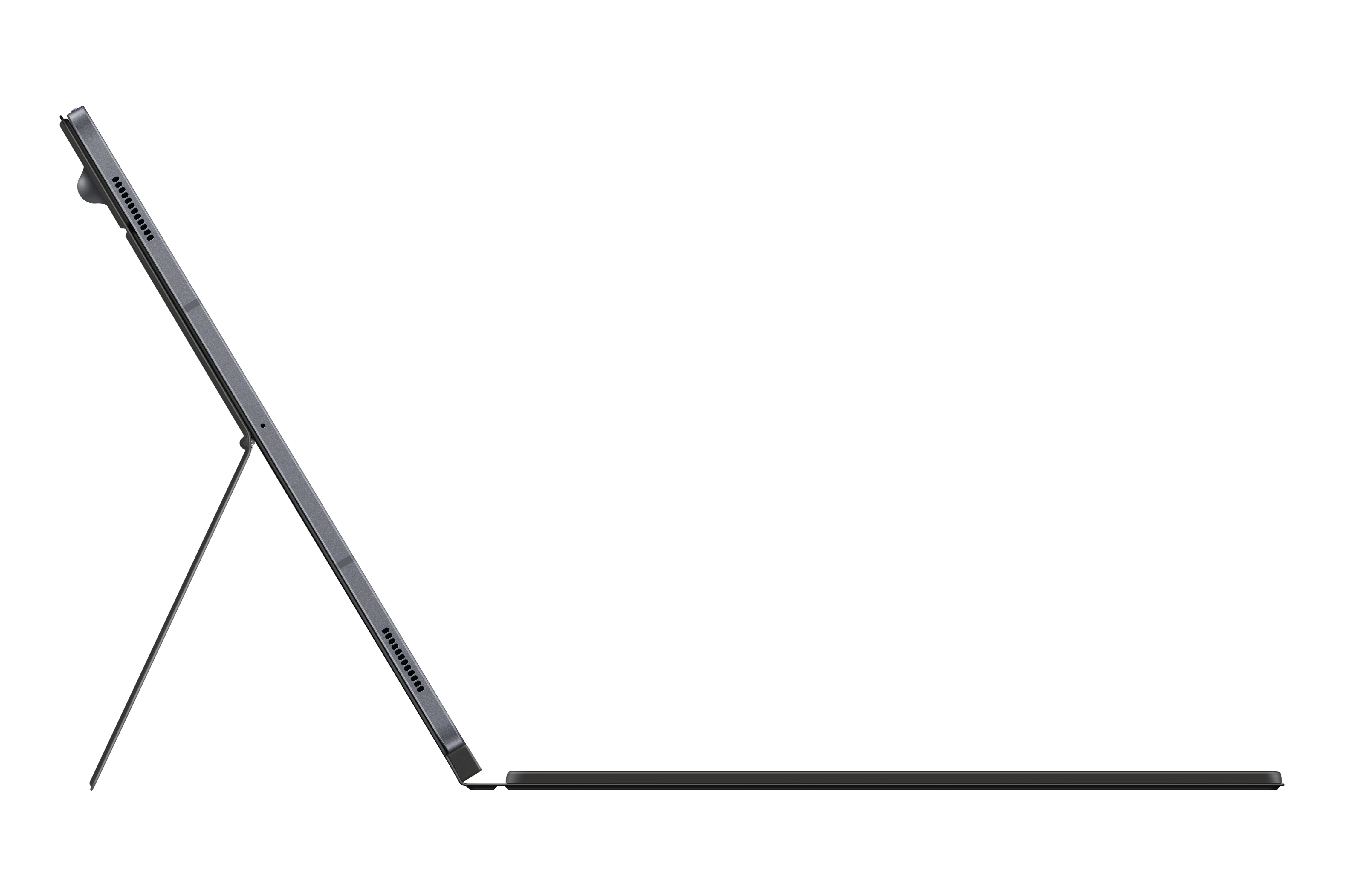 Die Unterseite einer schwarzen Tastatur mit geometrischem Design und Branding.
