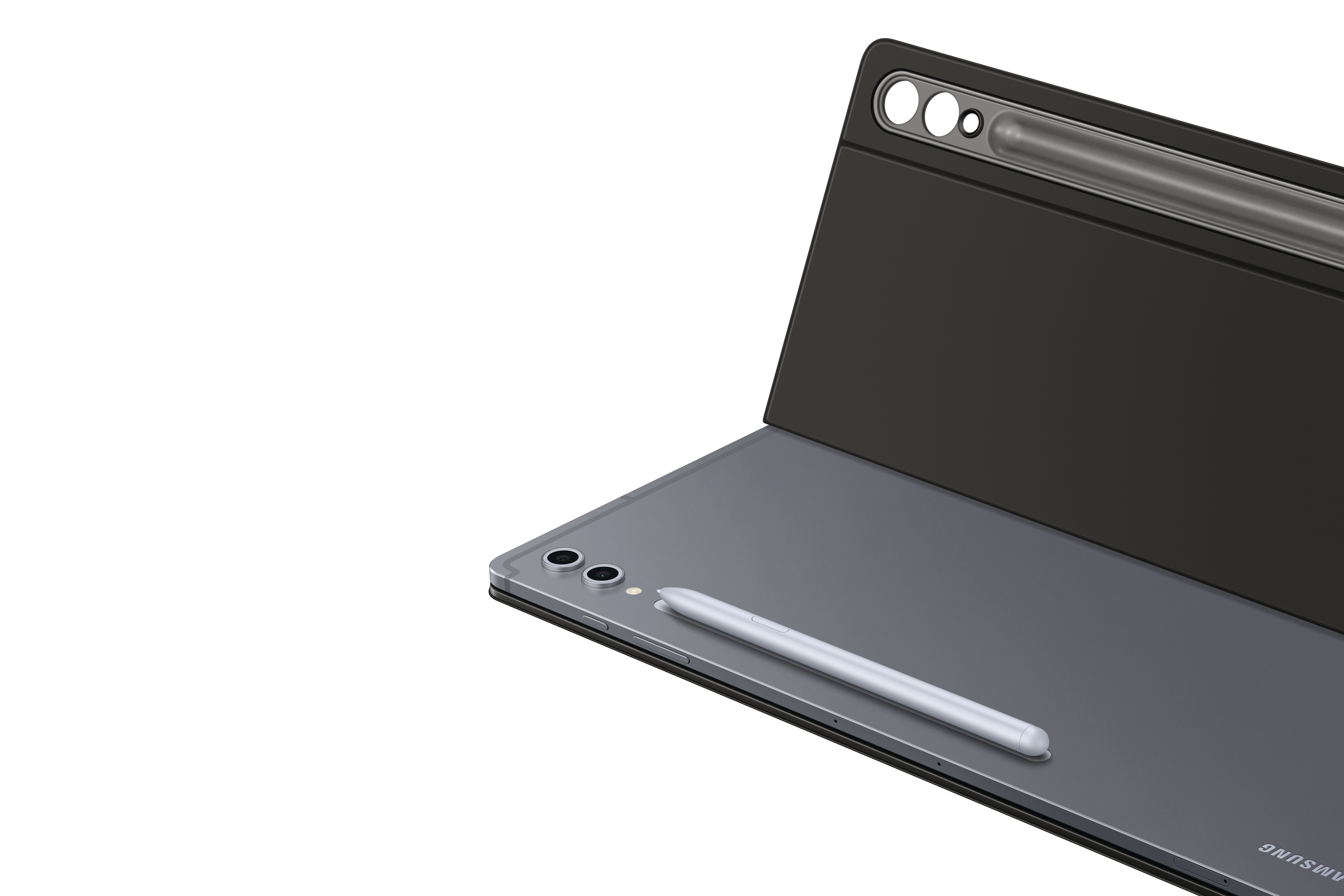 Graues Tablet, geöffnet. Silberner Stift an der Seite. Weißer Hintergrund.
