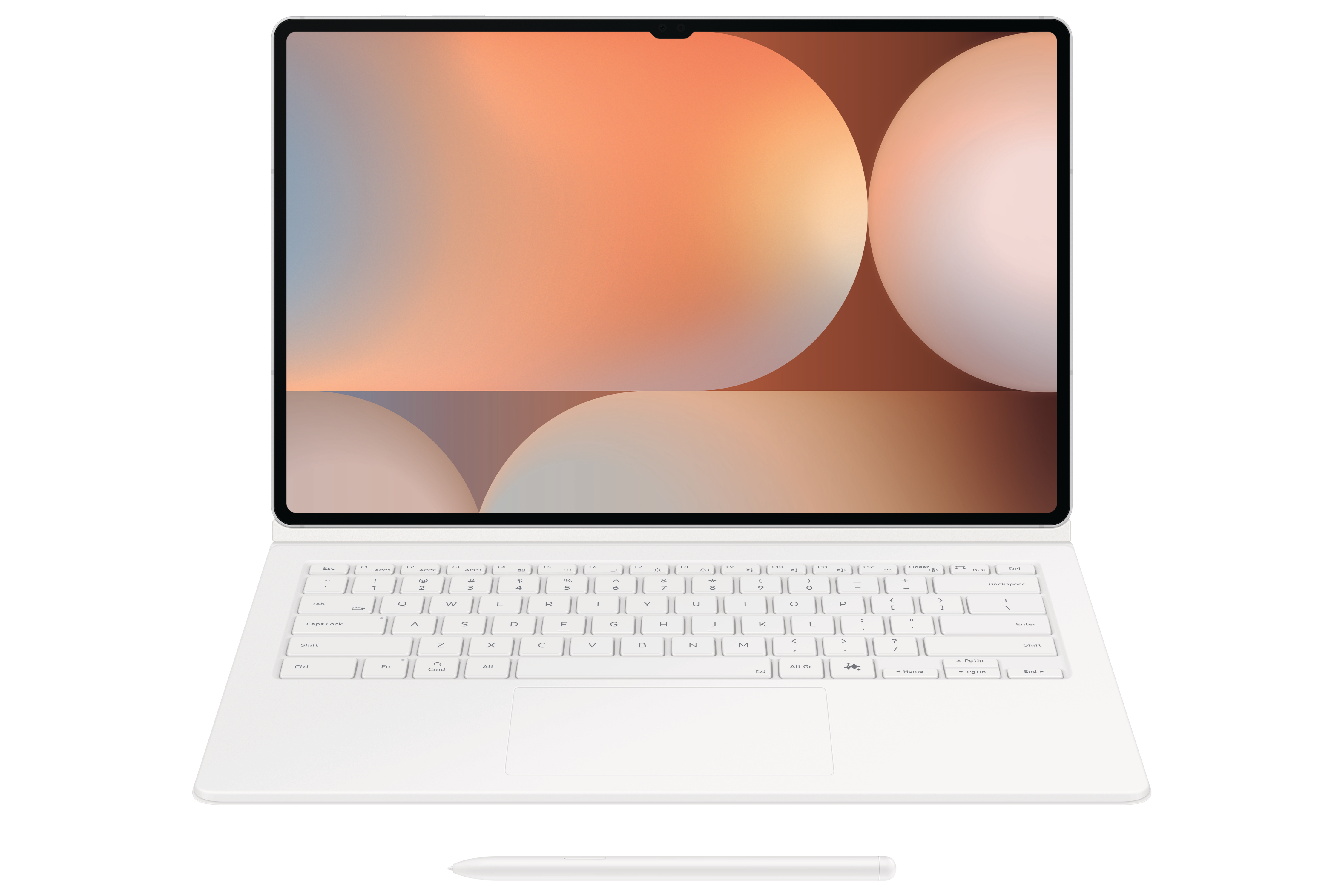 Weißes Tablet und Tastatur. Bildschirm zeigt Farbverlauf. Weißer Hintergrund.