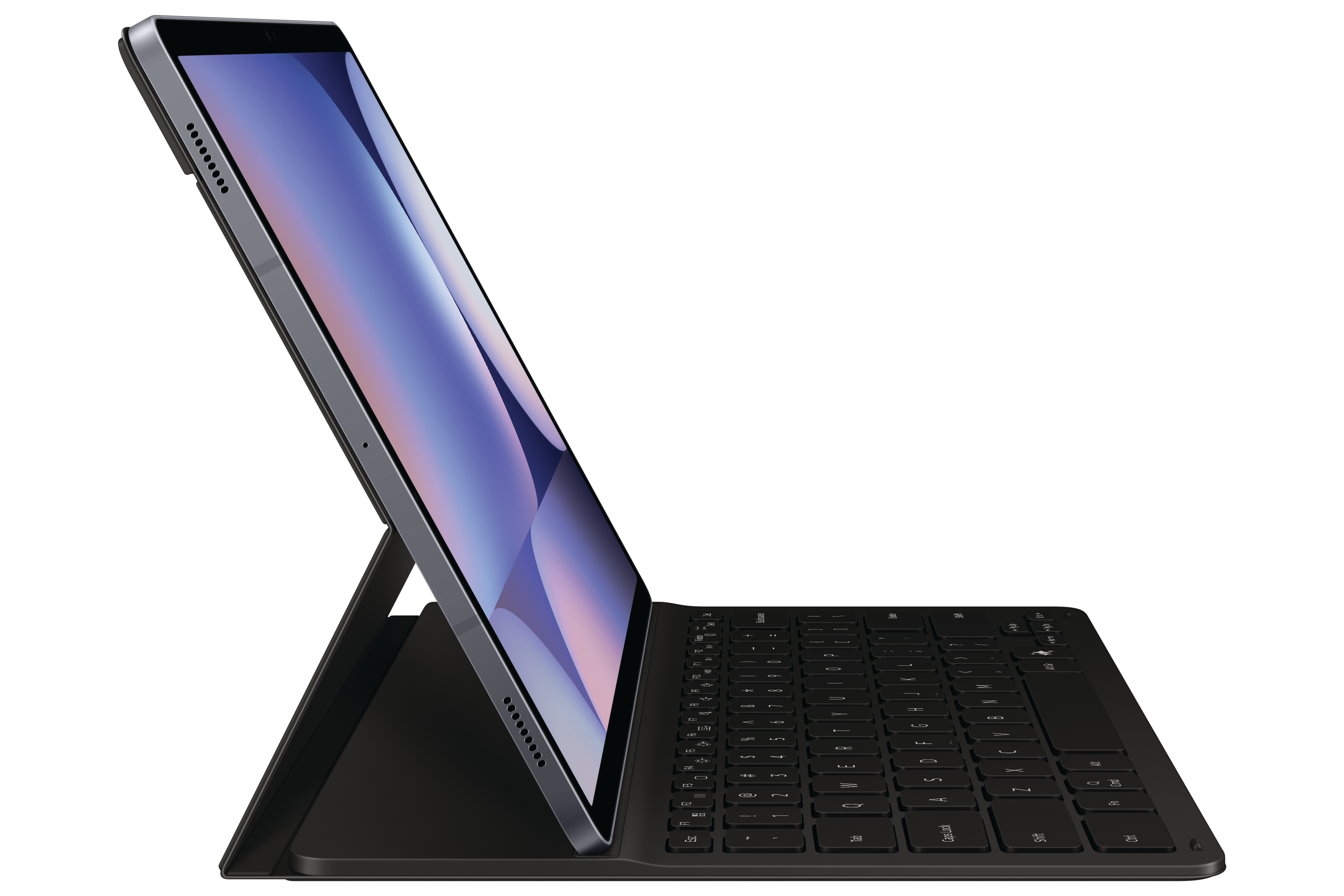 Tablet mit Tastatur, Bildschirm an, schräge Ansicht, dunkler Hintergrund.