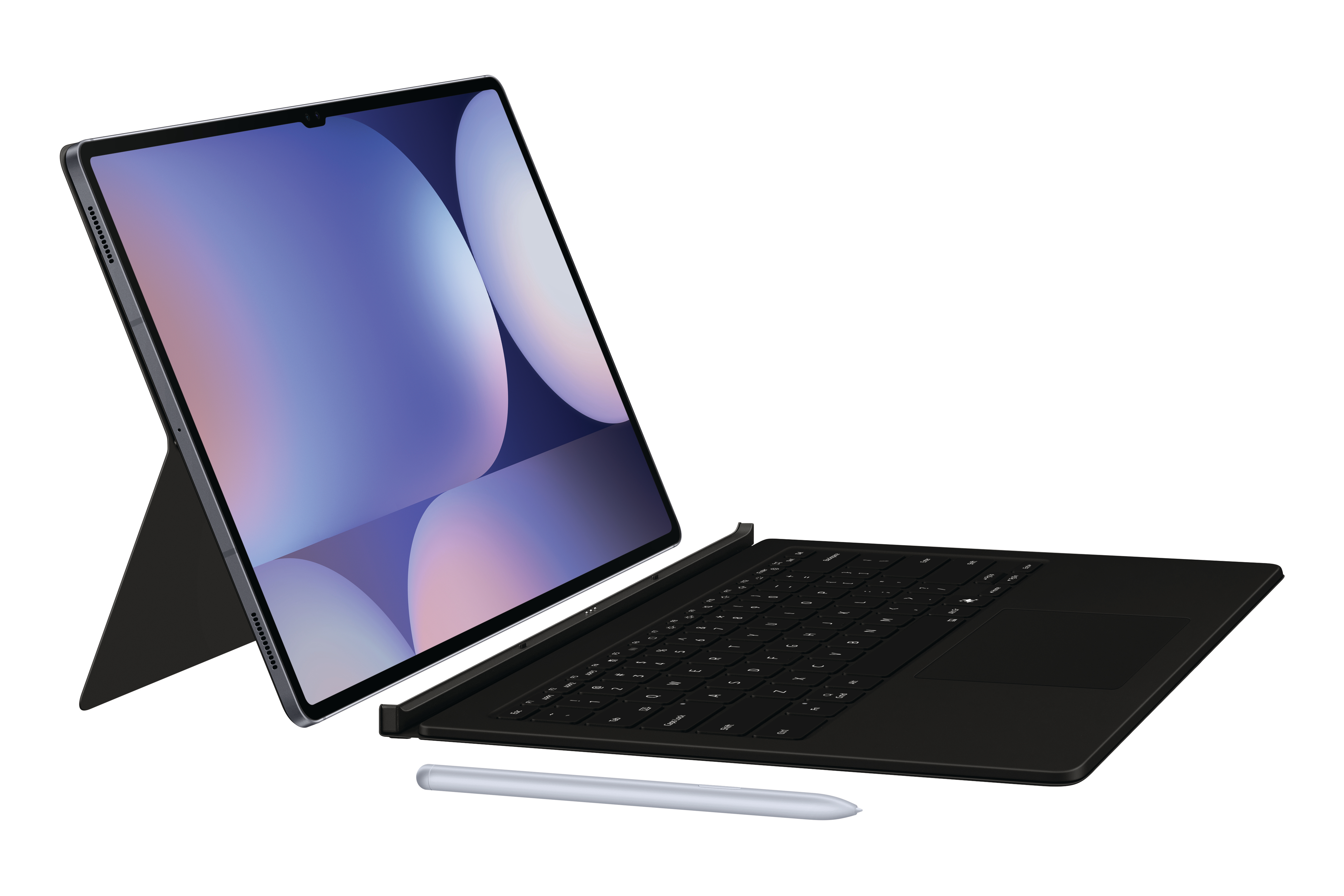 Tablet mit schwarzer Tastatur und Stift vor weißem Hintergrund.