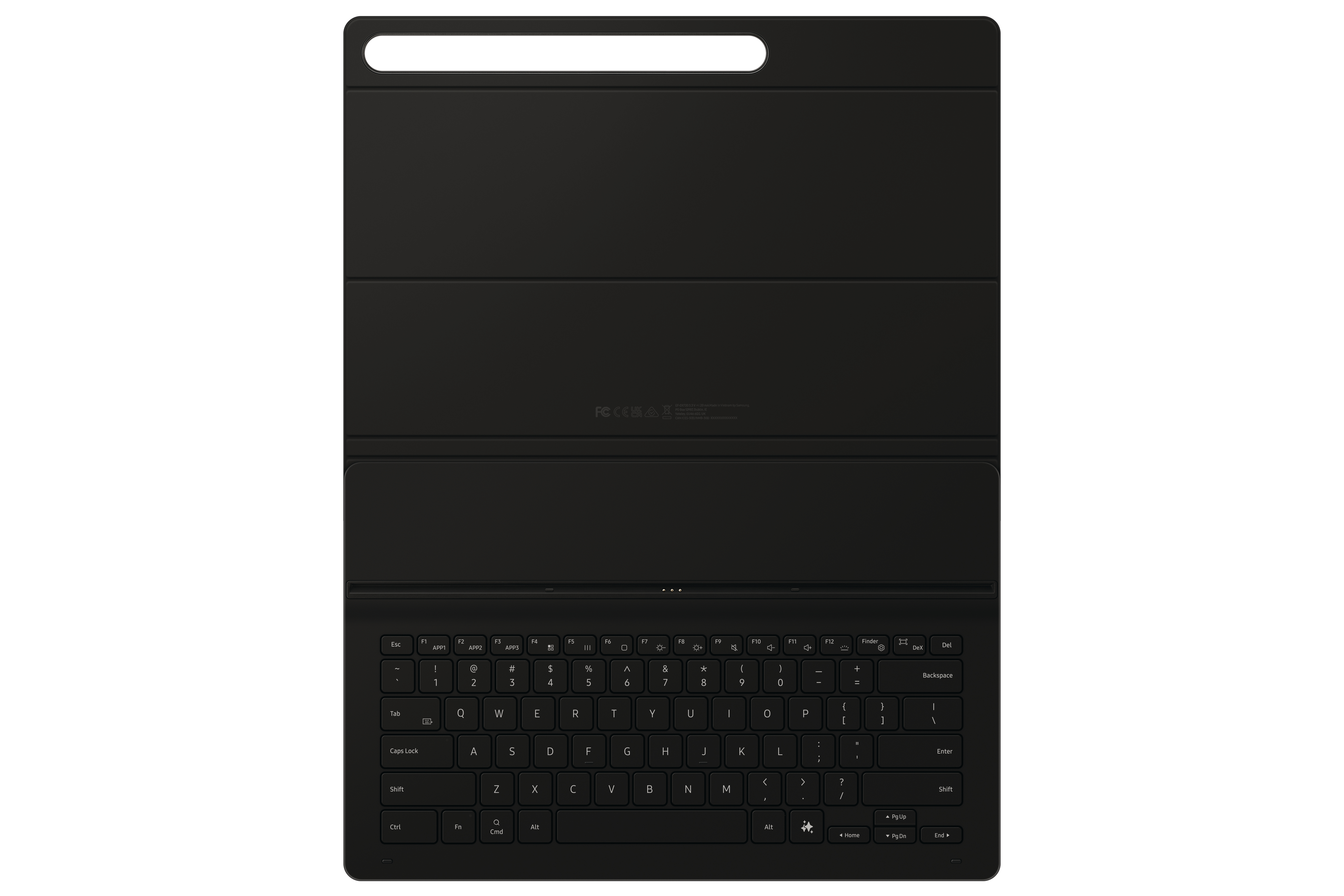 Schwarze Tablet-Tastatur mit vollem QWERTZ-Layout, von oben betrachtet.