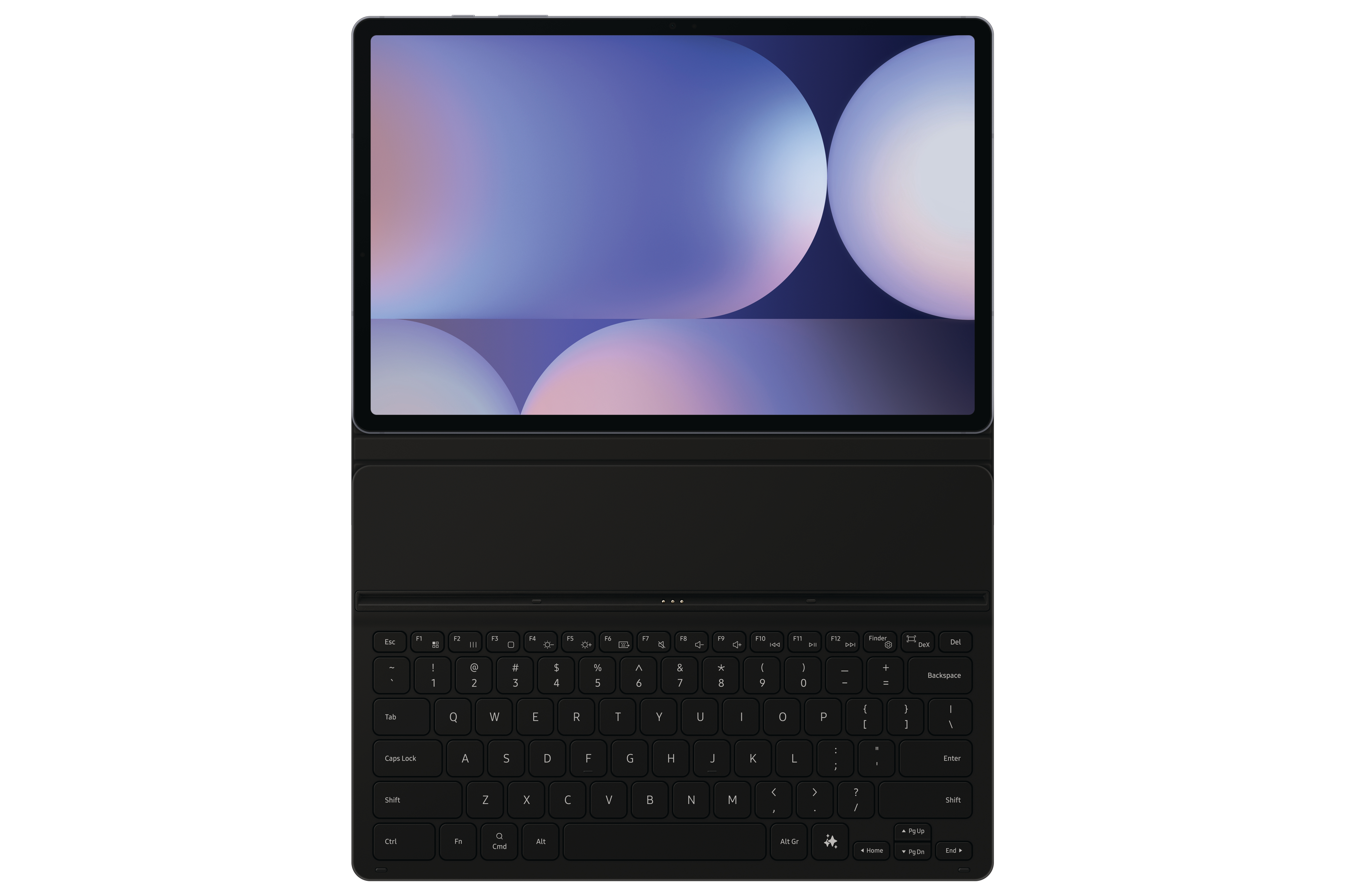 Schwarzes Tablet mit Tastatur, Bildschirm zeigt einen blau-weißen Farbverlauf. Weißer Hintergrund.