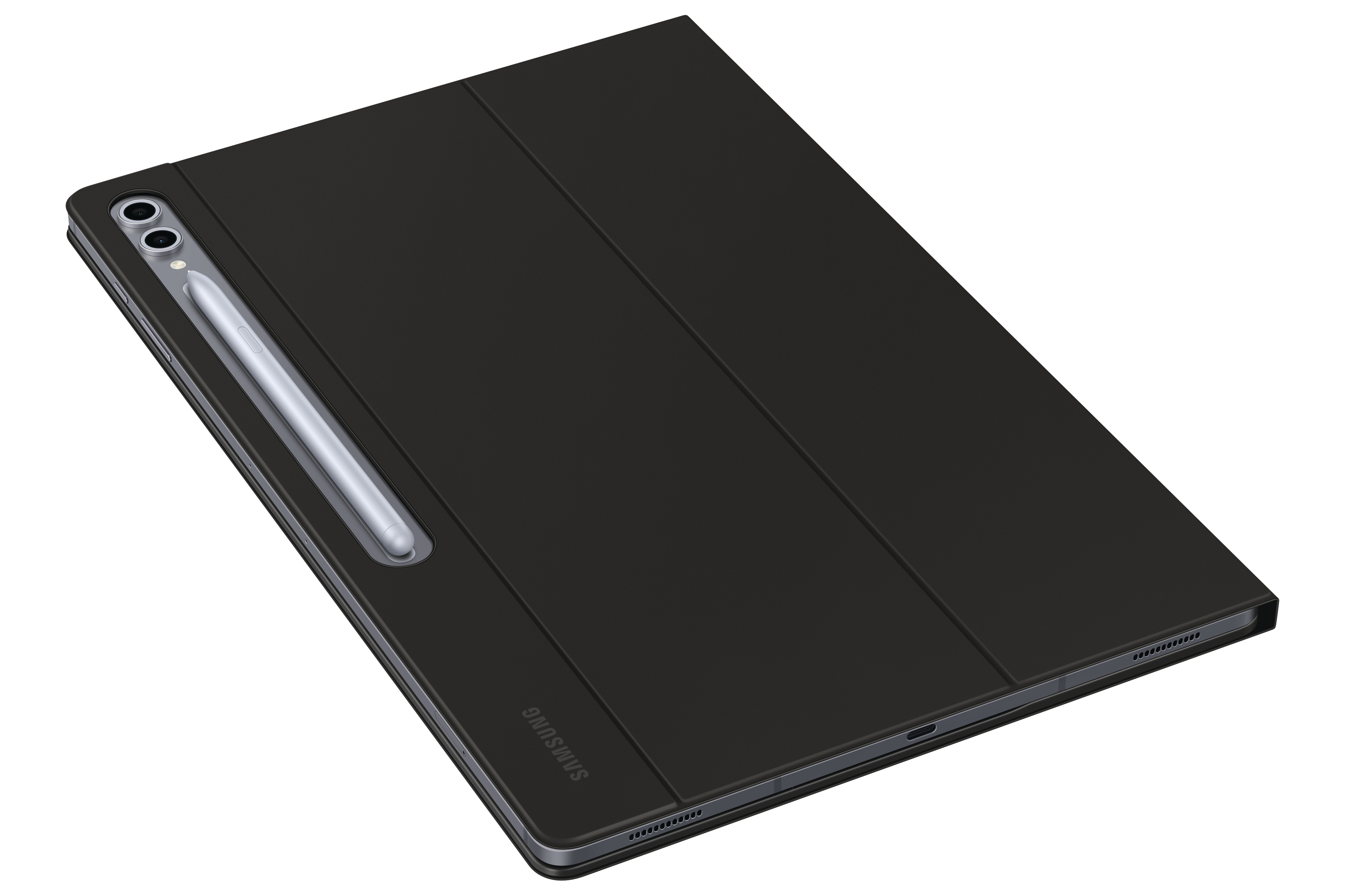 Schwarzes Tablet mit geschlossenem Deckel und Stift oben.