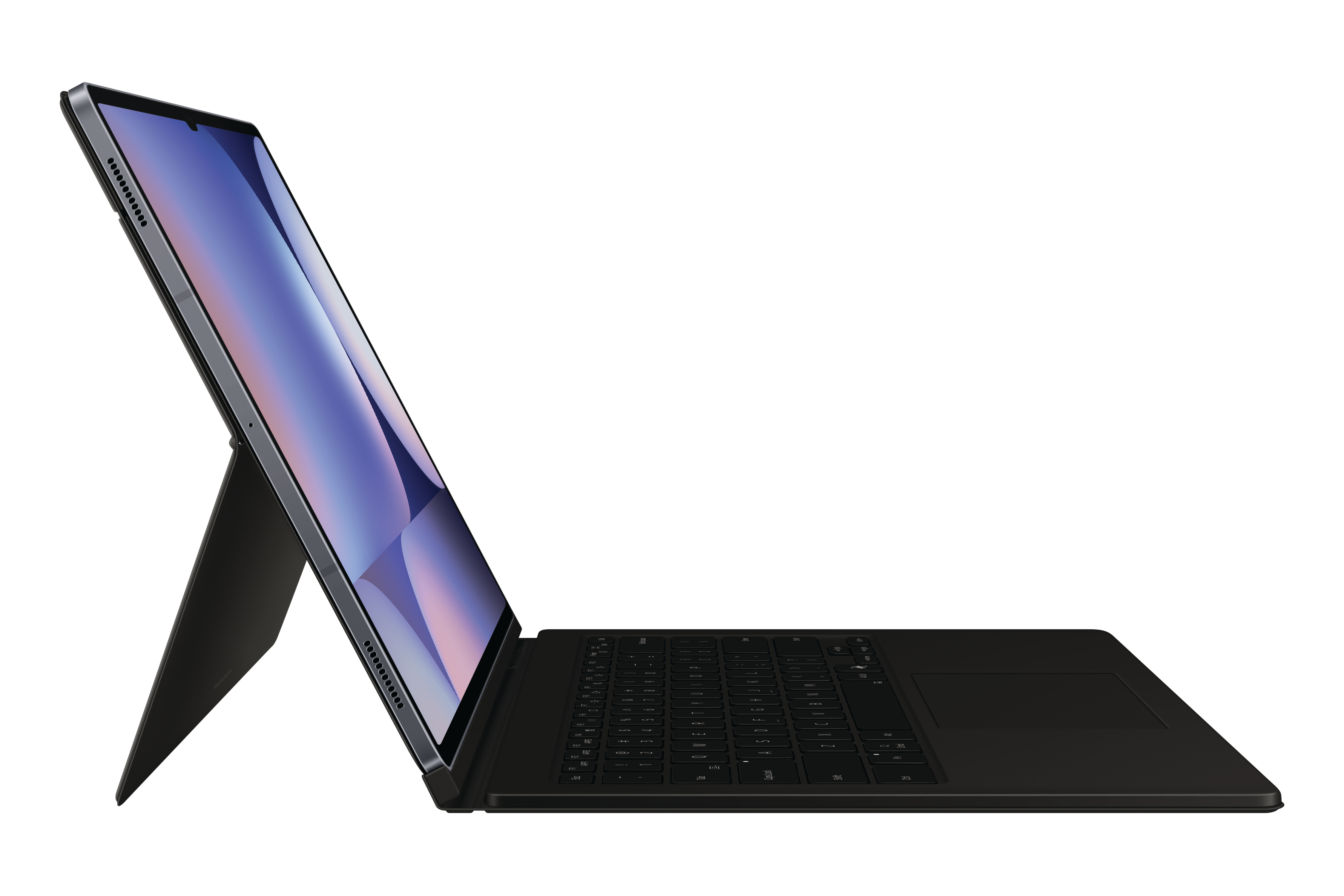 Tablet mit Tastaturhülle aufgestellt. Bildschirm zeigt Farbverlauf.
