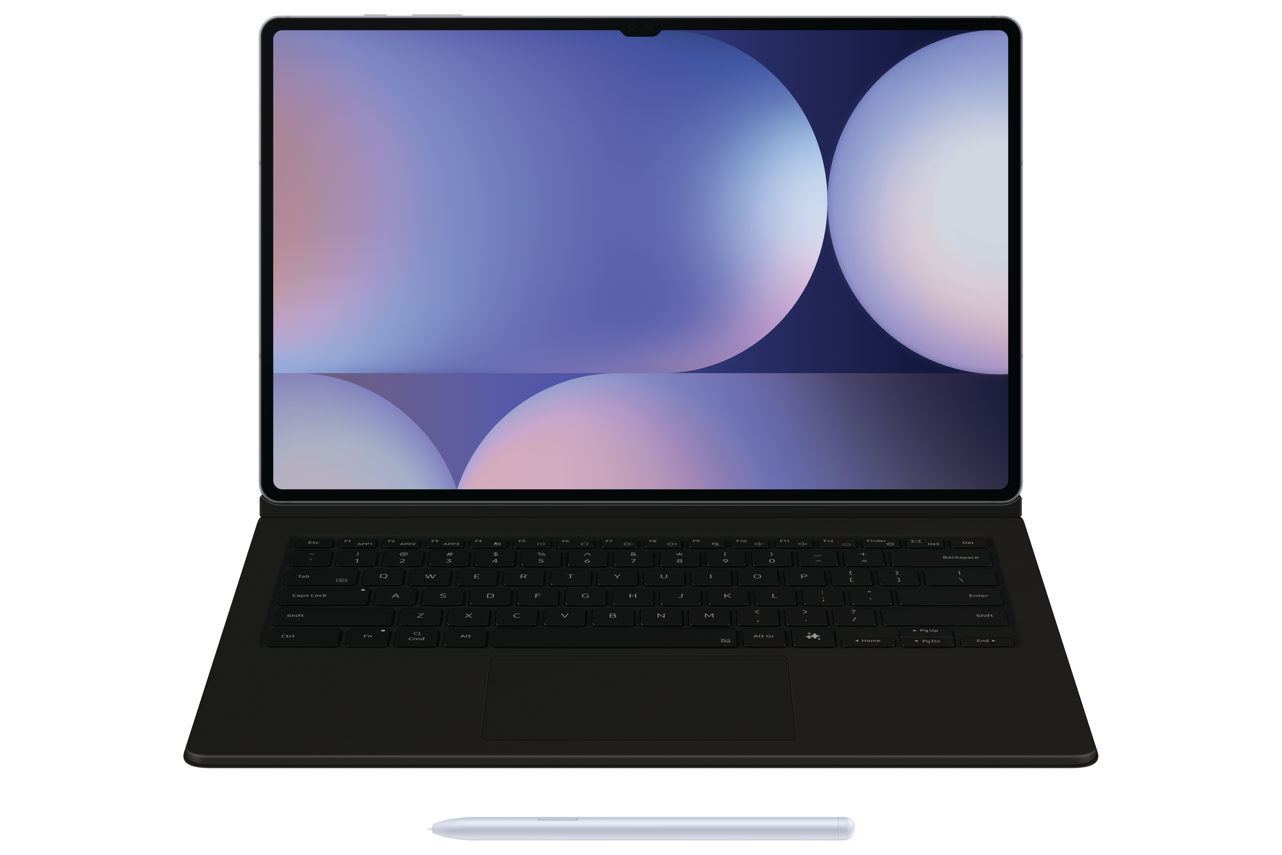 Tablet mit Tastatur und Stift, schwarz. Bildschirm zeigt bunten Hintergrund.