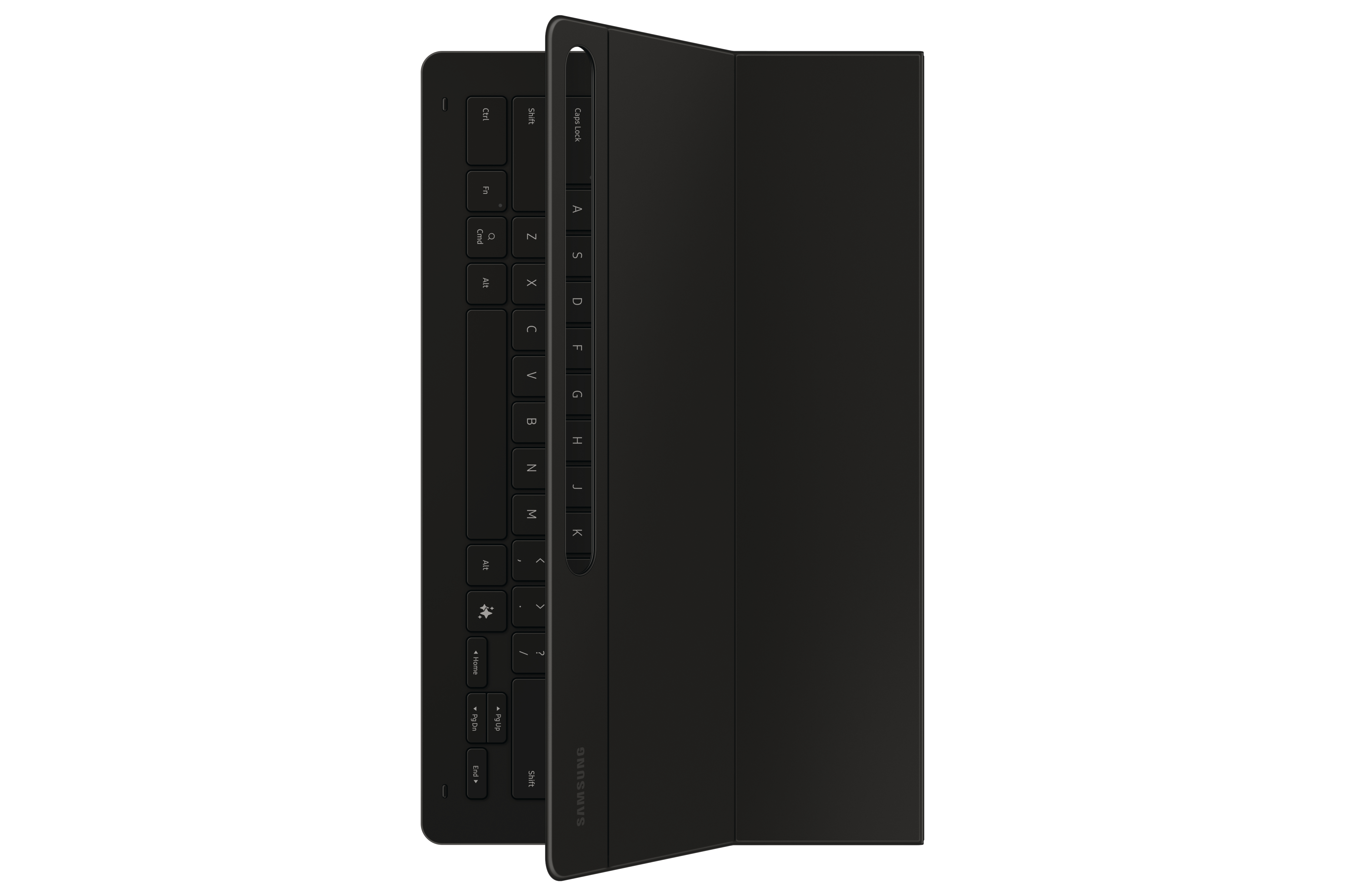 Schwarze Tablet-Tastaturhülle. Samsung Logo. Geöffnet, Tastatur sichtbar.