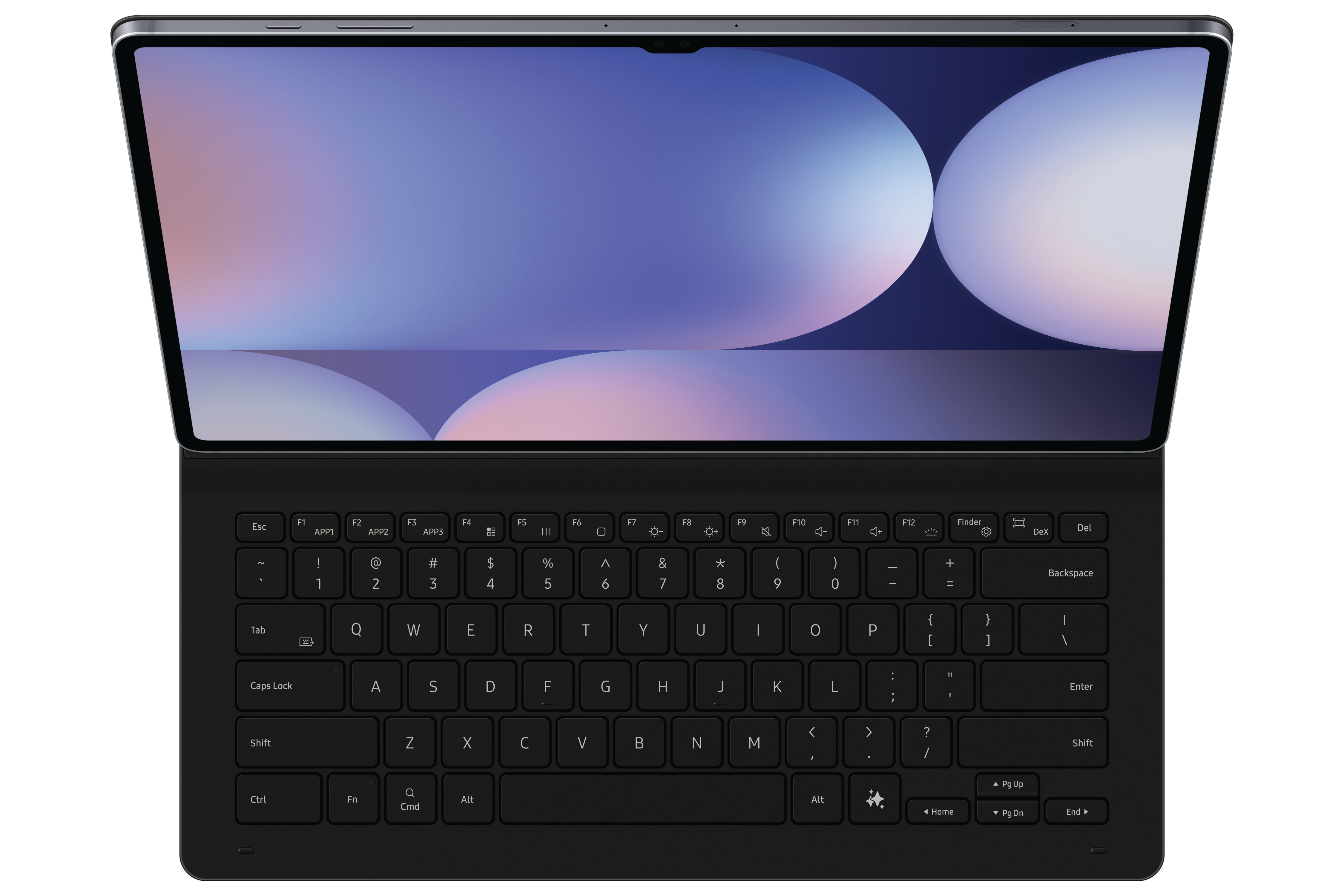 Tablet mit Tastatur, Bildschirm an, zeigt einen blau-weißen Hintergrund.