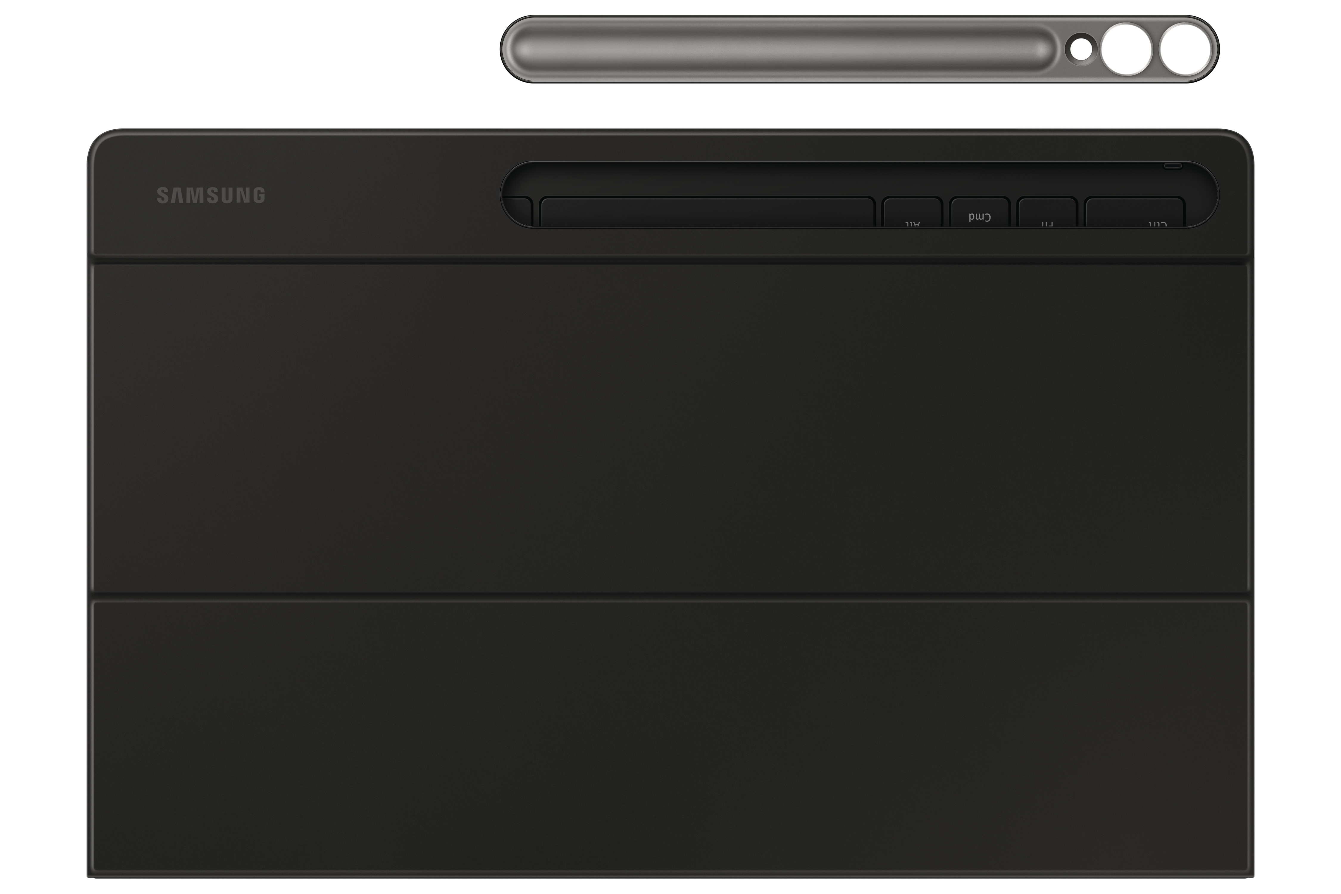 Schwarze Samsung Tablet-Tastaturhülle mit Stifthalter. Weißer Hintergrund.