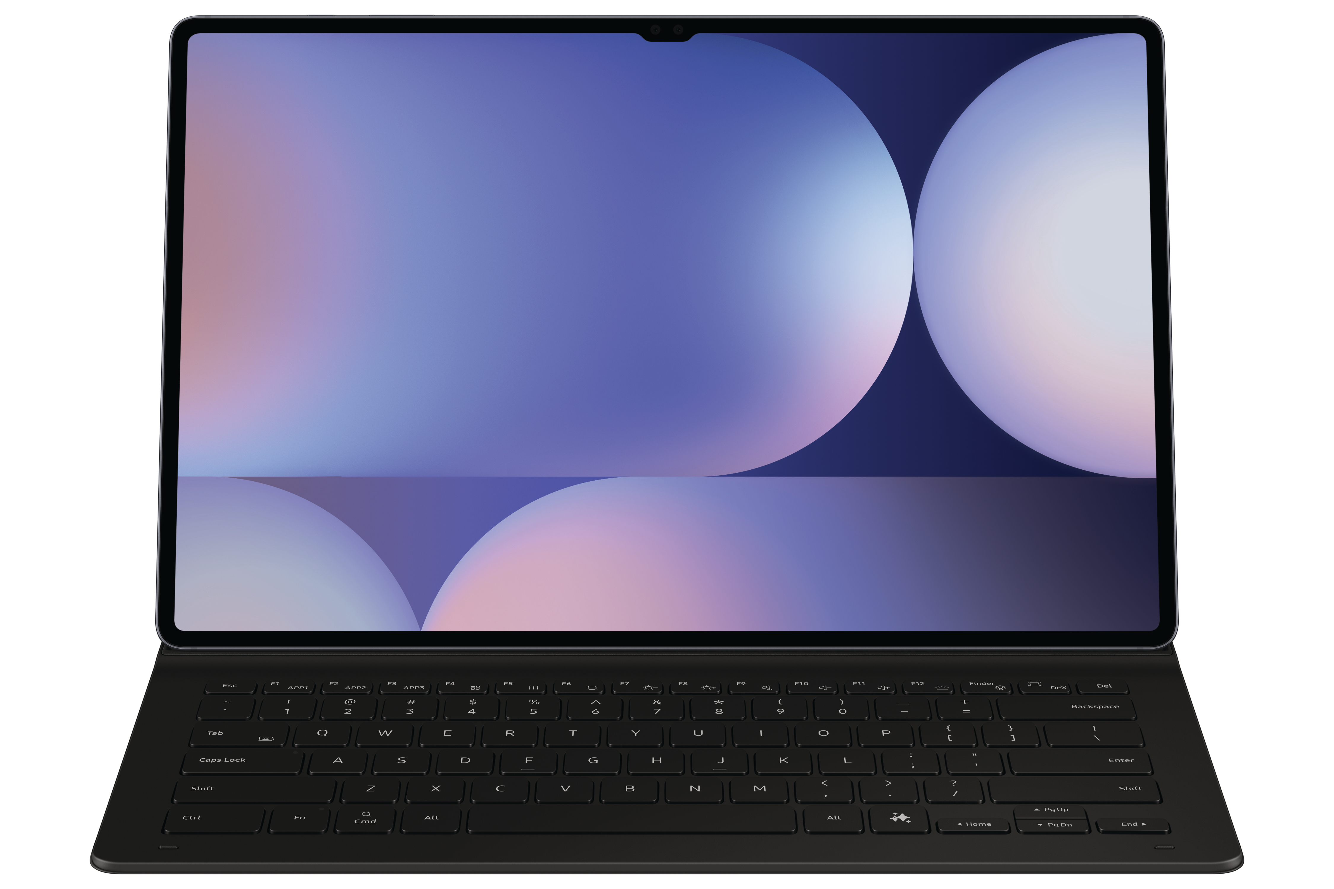 Tablet geöffnet mit Tastatur, Display zeigt verschwommenes Bild.