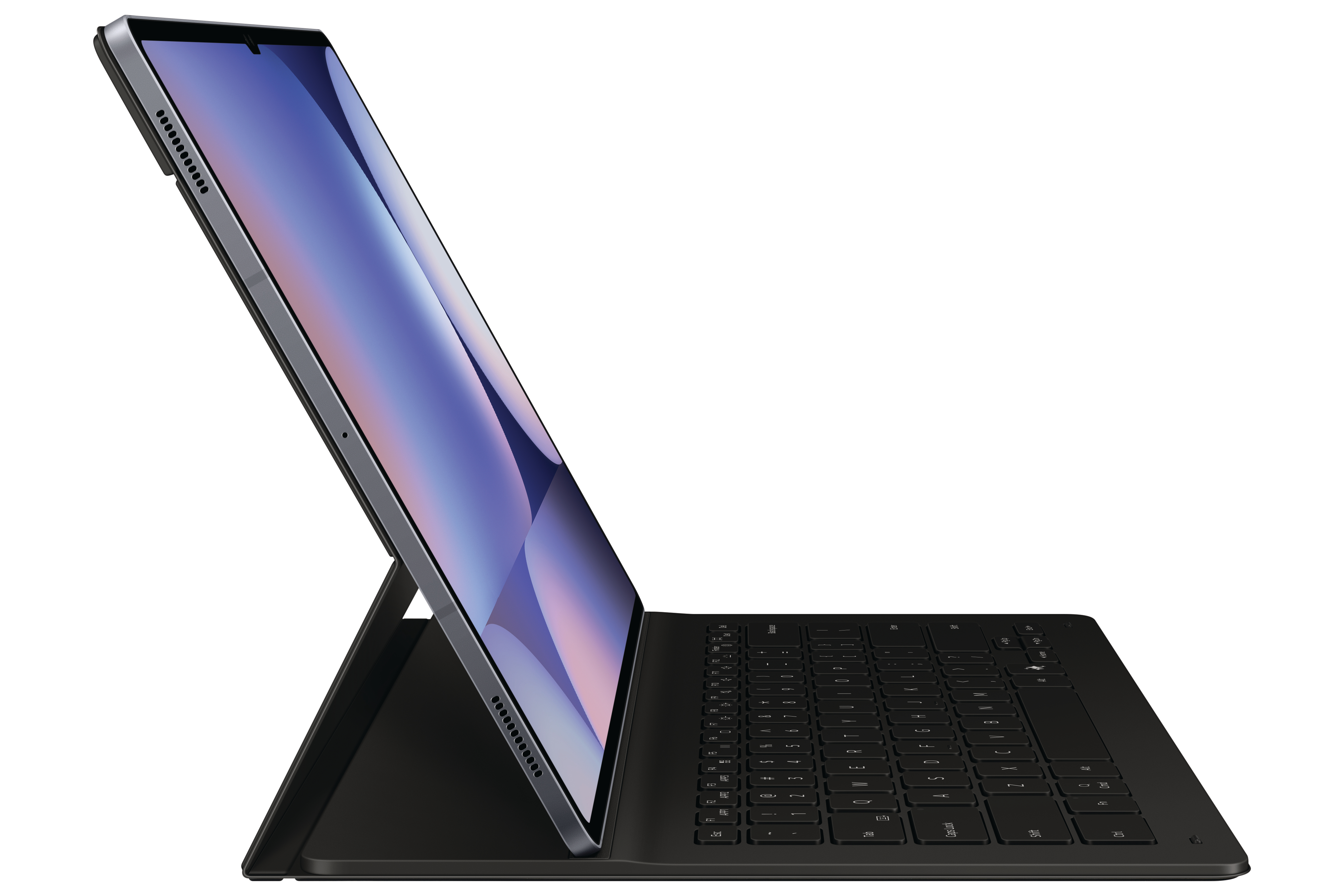 Tablet mit Tastatur, Bildschirm mit lila-blauem Bild.