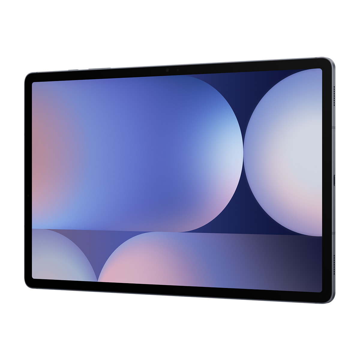 Tablet, siyah çerçeve, ekran mavi ve beyaz soyut bir tasarım gösteriyor.