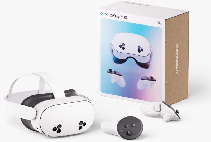 Auriculares VR, mandos y caja. Fondo blanco. La caja muestra los auriculares.