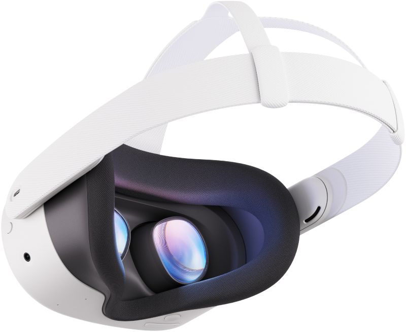 Gafas de realidad virtual blancas, vista frontal, con lentes visibles, correas blancas, interior negro.