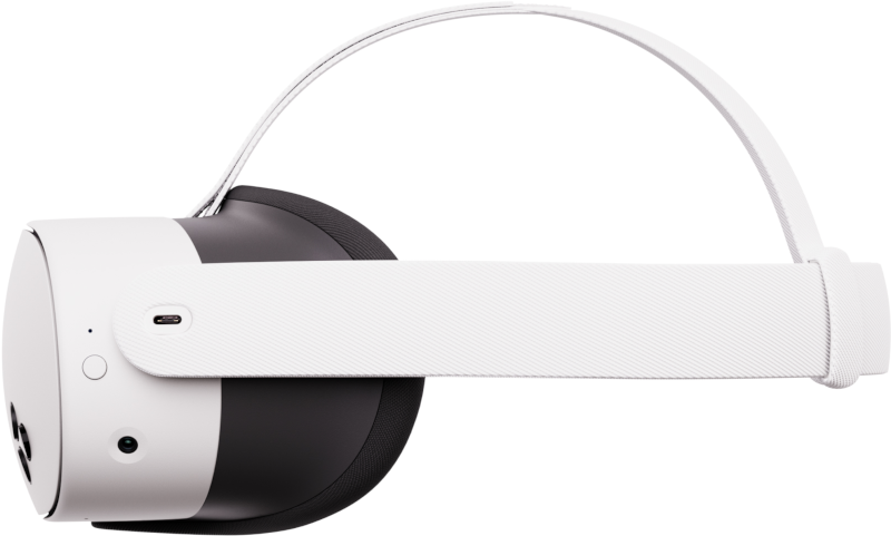 Auriculares de realidad virtual blancos y negros, vista lateral, banda blanca, cuerpo negro.