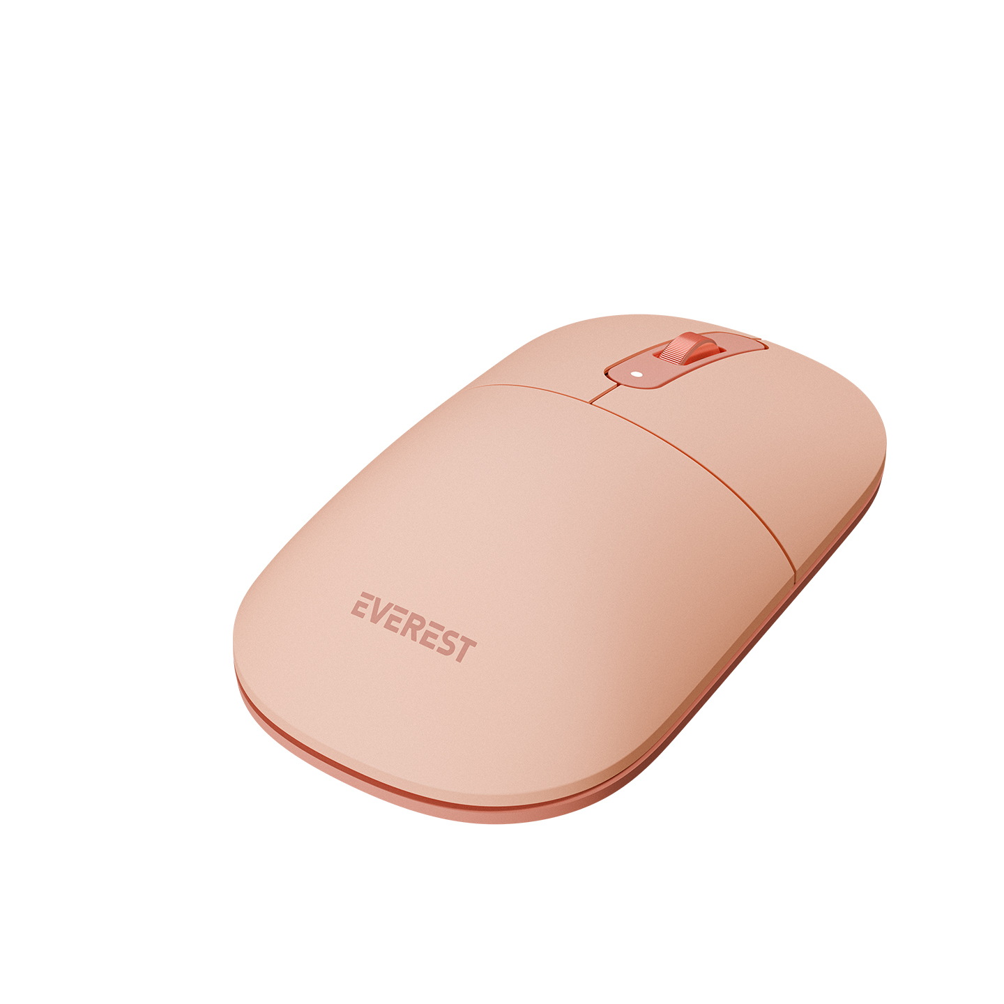 Pembe bir Everest kablosuz fare, Everest logosunu gösteriyor. Düz, ergonomik bir tasarımdır.