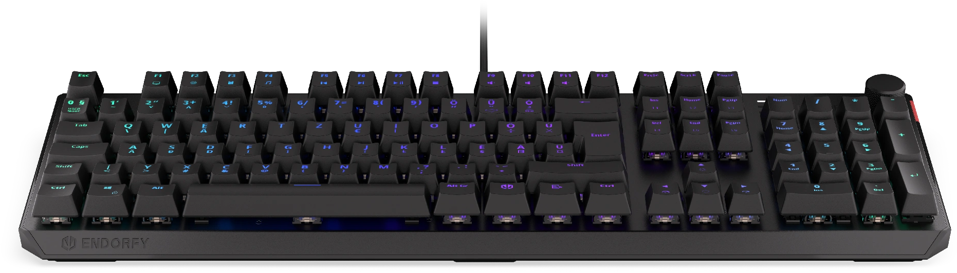 Fekete gamer billentyűzet megvilágított billentyűkkel. Modern design és numerikus billentyűzet.