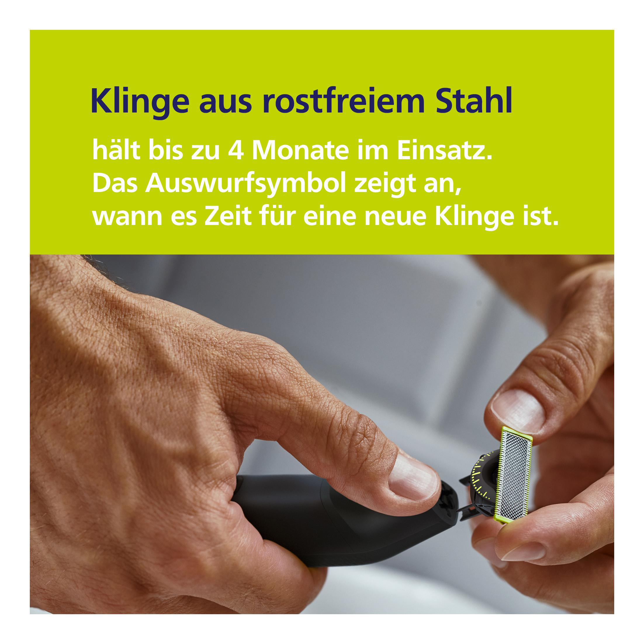Eine Hand hält eine Klinge. Text sagt, die Klinge ist Edelstahl, hält 4 Monate.