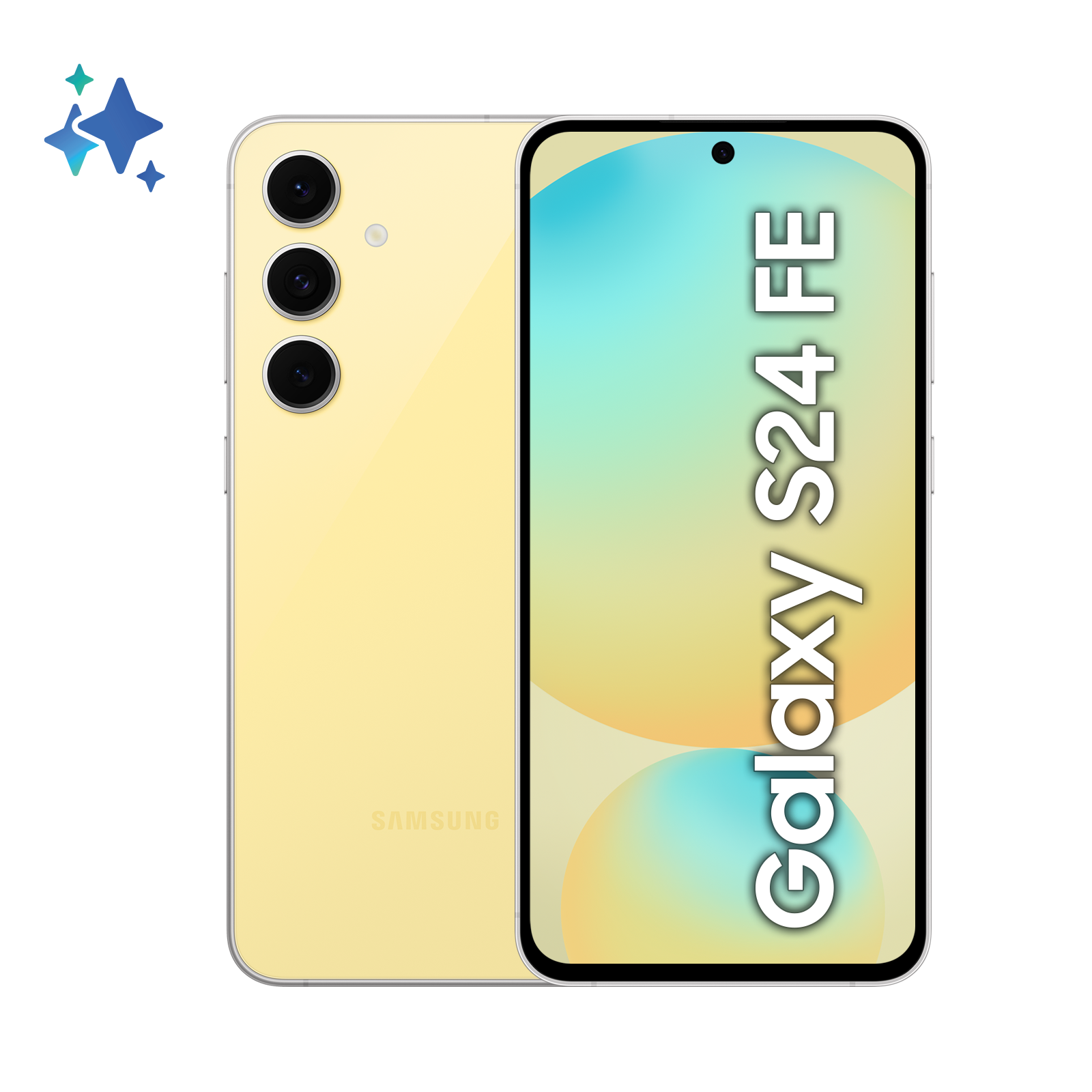 Żółty telefon Samsung Galaxy S24 FE, trzy kamery i tył telefonu z logo.