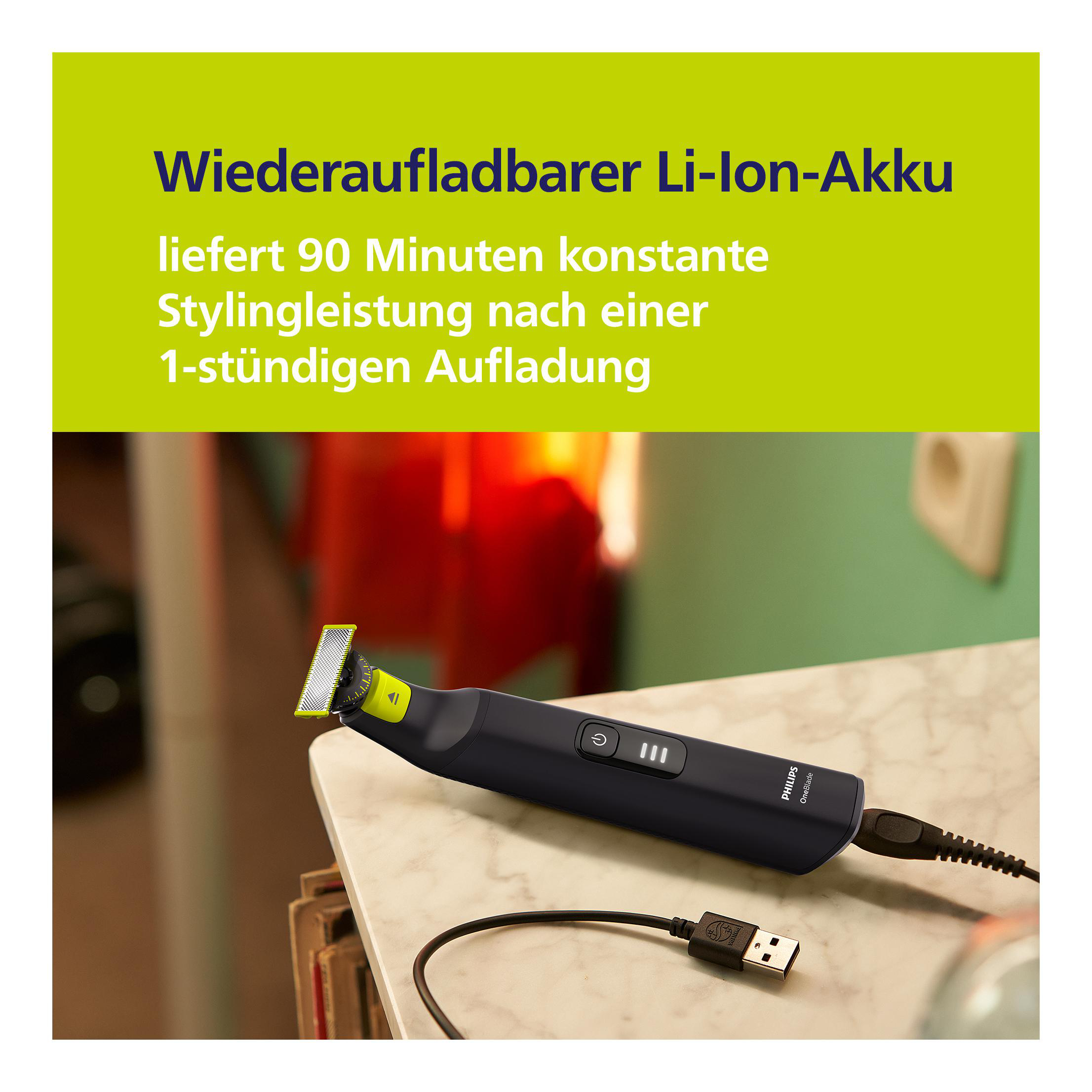 Schwarzer und limettengrüner Trimmer auf einem Tisch. Text über Akkulaufzeit und Aufladen.