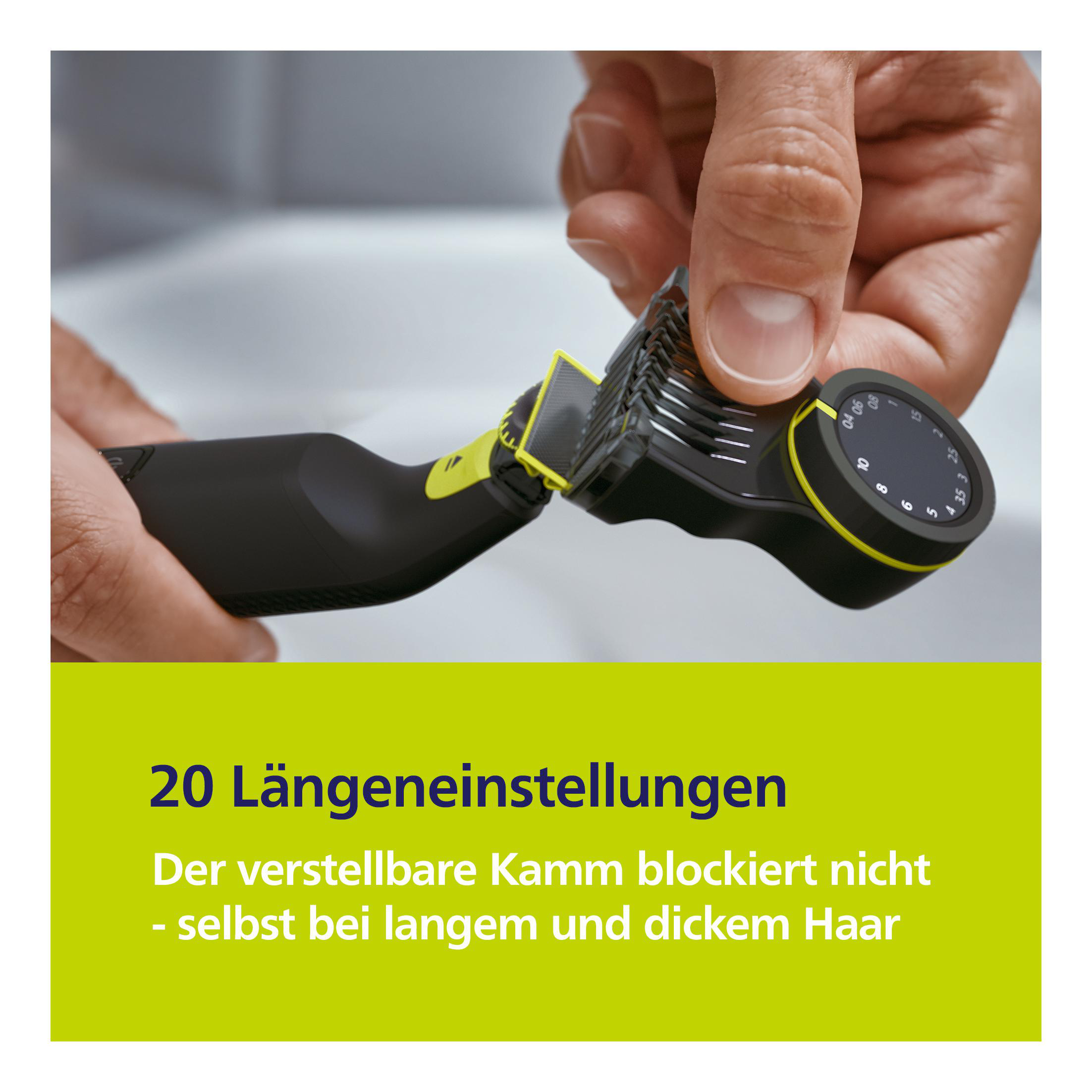 Ein Mann hält einen schwarz-gelben Trimmer mit Kammaufsatz. Text: 20 Längeneinstellungen.