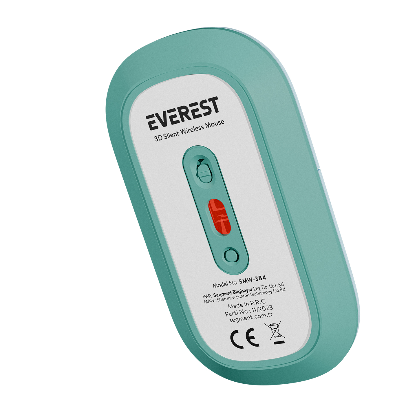 Turkuaz kablosuz fare, alt görünüm. Marka: EVEREST. Model: SMW-384. CE işareti.