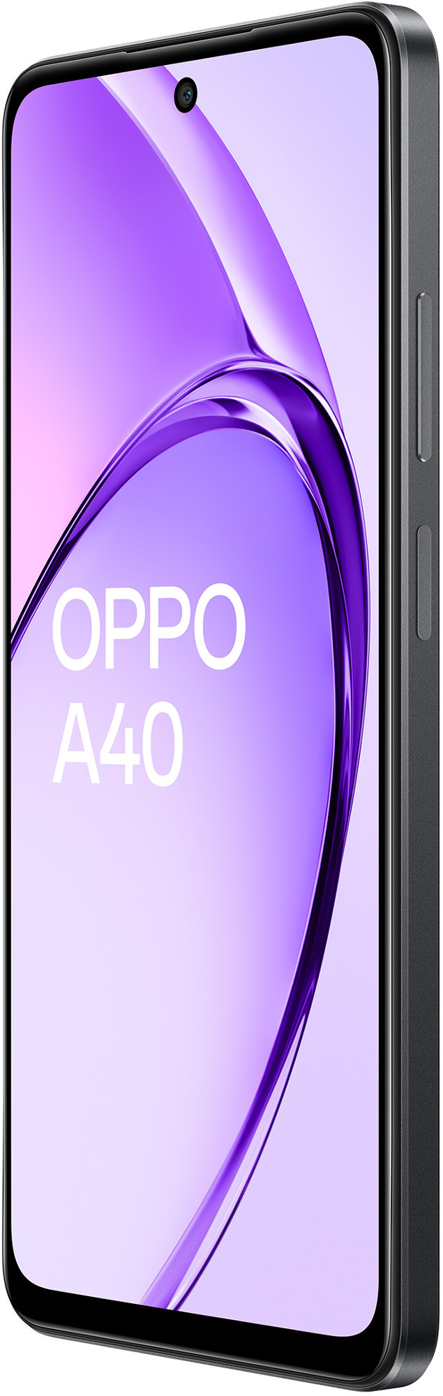 Czarny telefon Oppo A40 z fioletowym gradientowym wyświetlaczem, widok z boku.