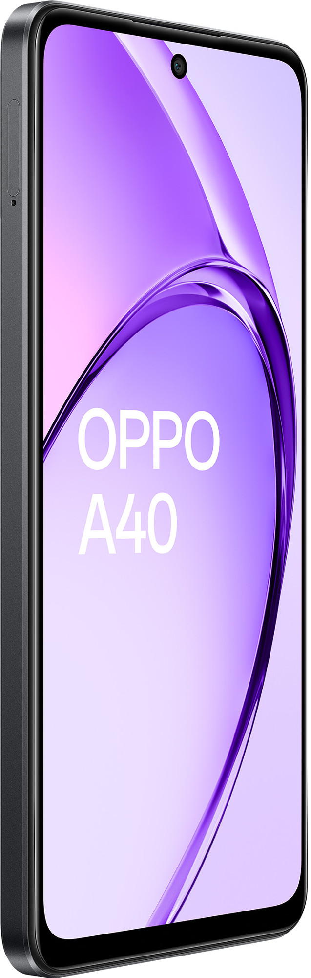 Czarny smartfon Oppo A40 z fioletowym ekranem, widok z boku.