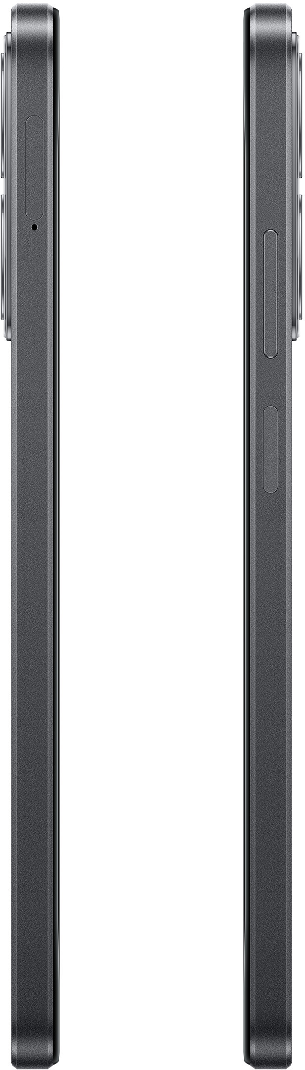 Widok z boku ciemnoszarego smartfona. Czarne tło.