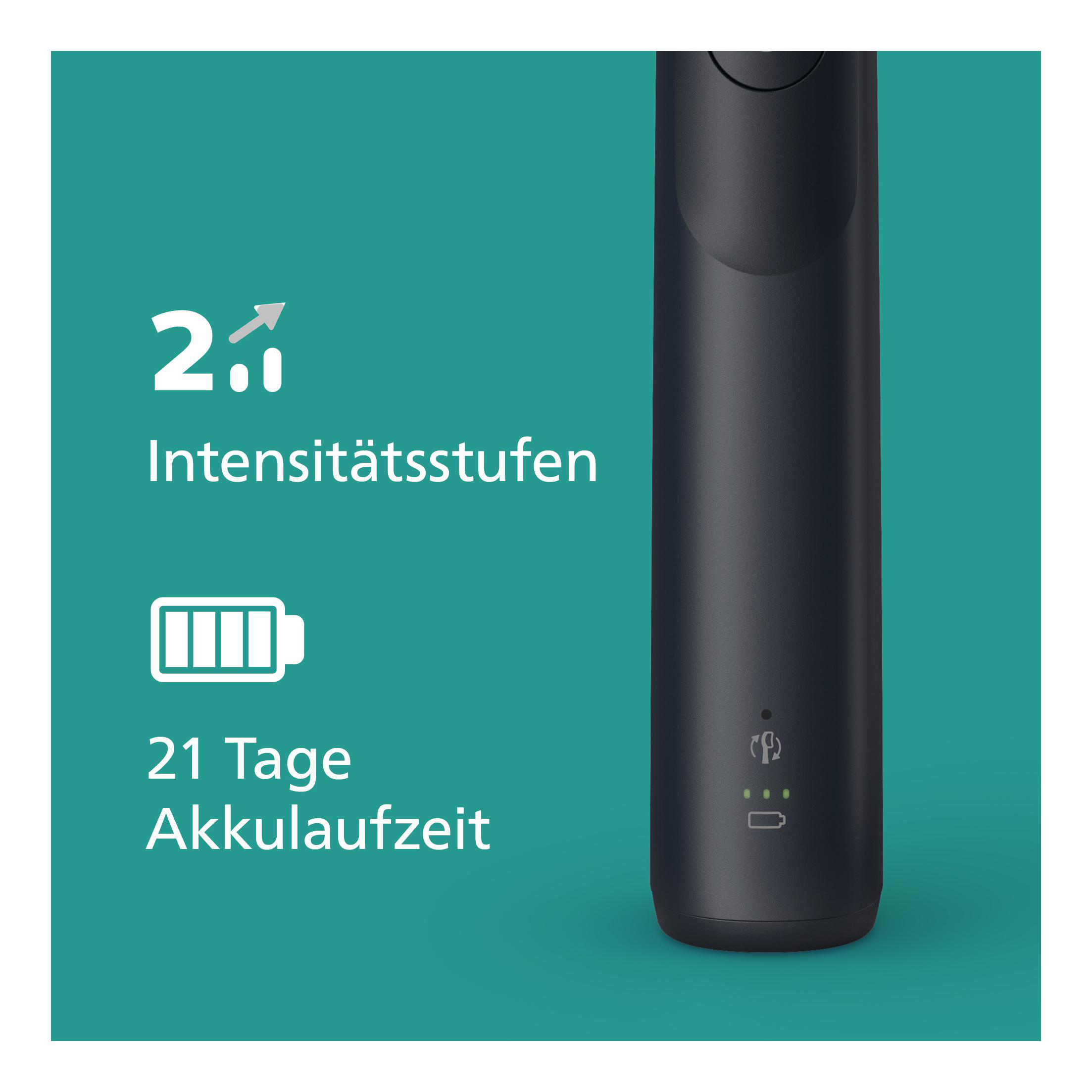 Nahaufnahme eines schwarzen Geräts mit Batterieanzeige und Intensitätsstufen-Symbolen.