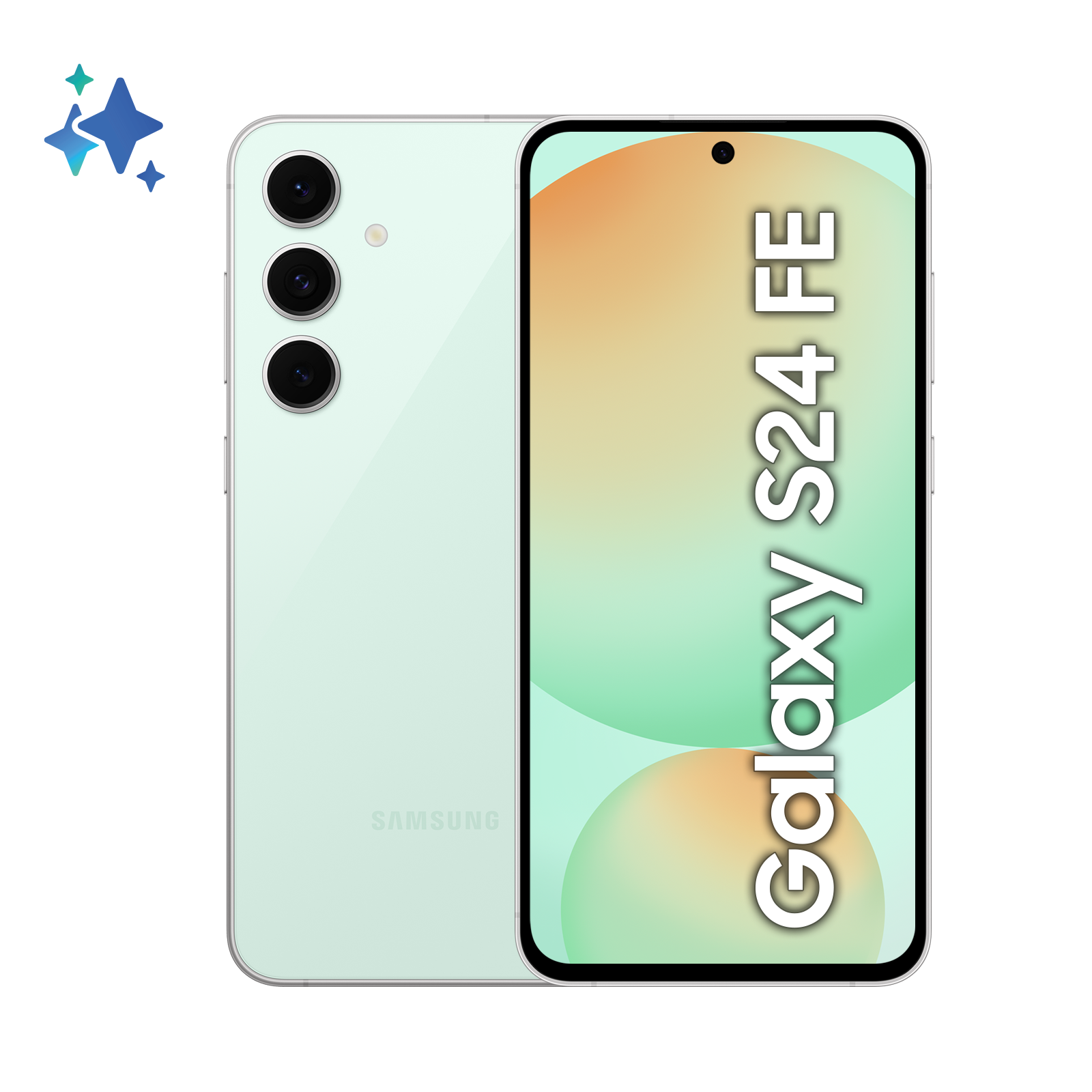 Miętowy zielony telefon Samsung Galaxy S24 FE, ze słowami Galaxy S24 FE na ekranie.