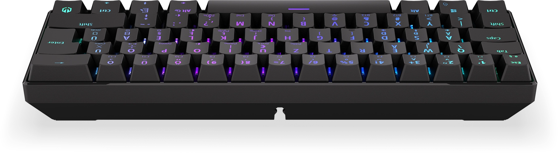 Fekete gamer billentyűzet megvilágított billentyűkkel, különböző színekkel, fekete háttéren.
