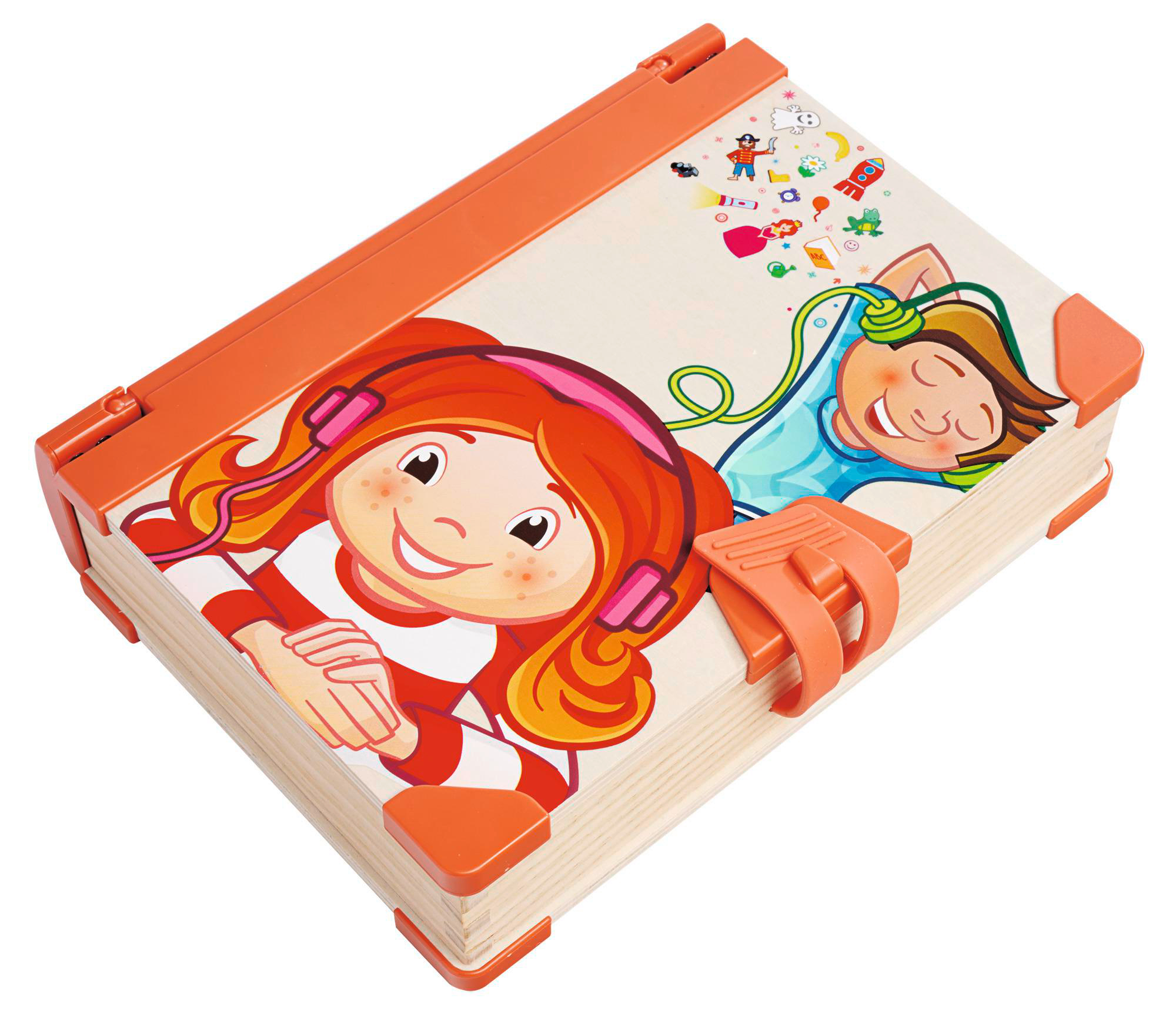 Spielzeugbuch mit Kindern, die Musik hören. Oranger Einband.