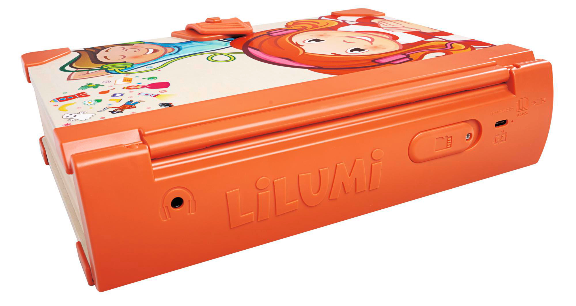 Oranges Lilumi-Gerät mit Cartoon-Bild, Seitenansicht mit Anschlüssen und Knöpfen.