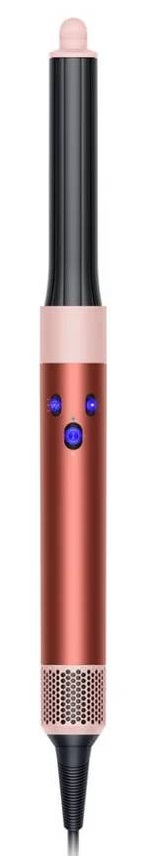 Narzędzie do stylizacji włosów Dyson, różowe i czarne, z trzema niebieskimi światłami.