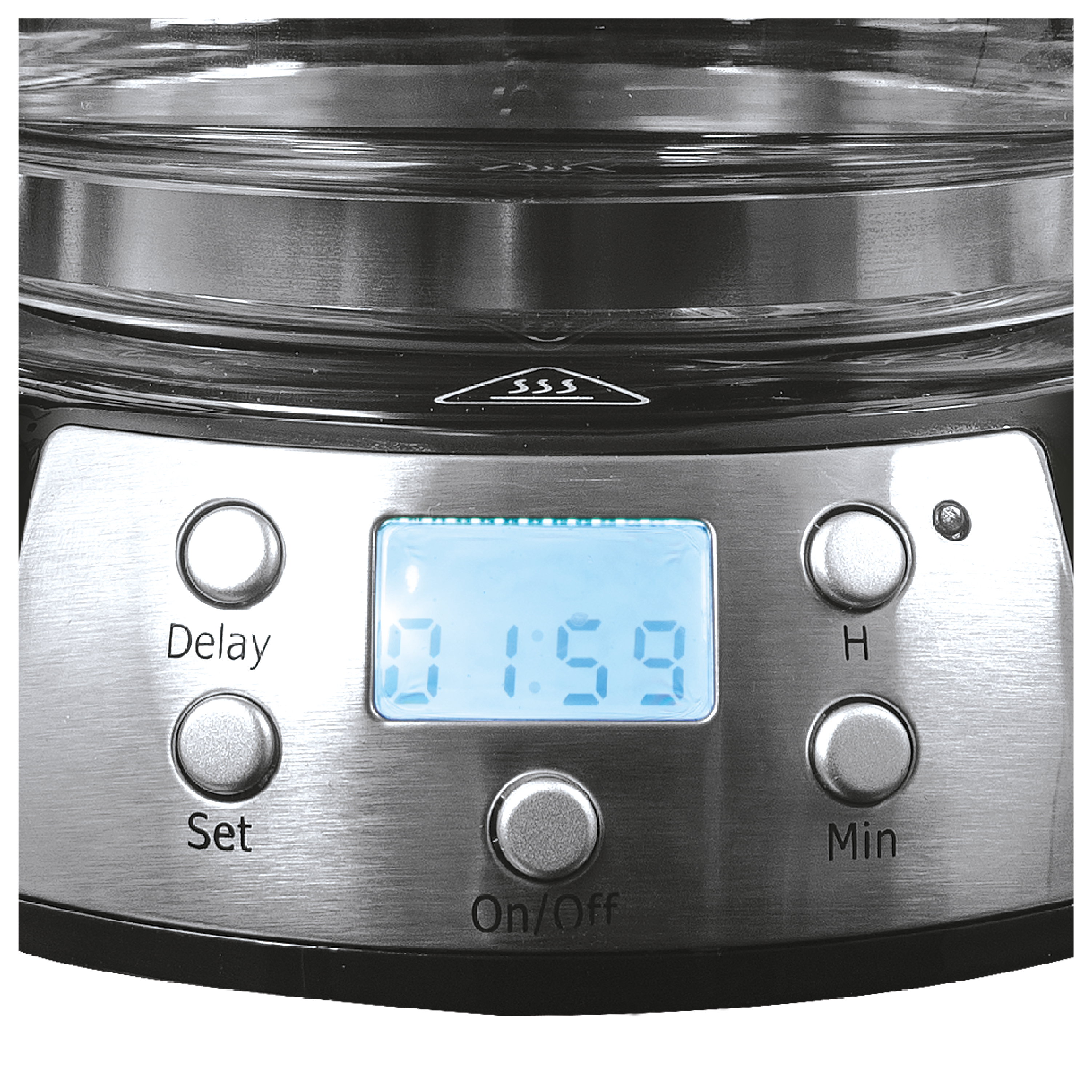 Nahaufnahme des Bedienfelds einer Kaffeemaschine mit Digitalanzeige 0:59 und Knöpfen.