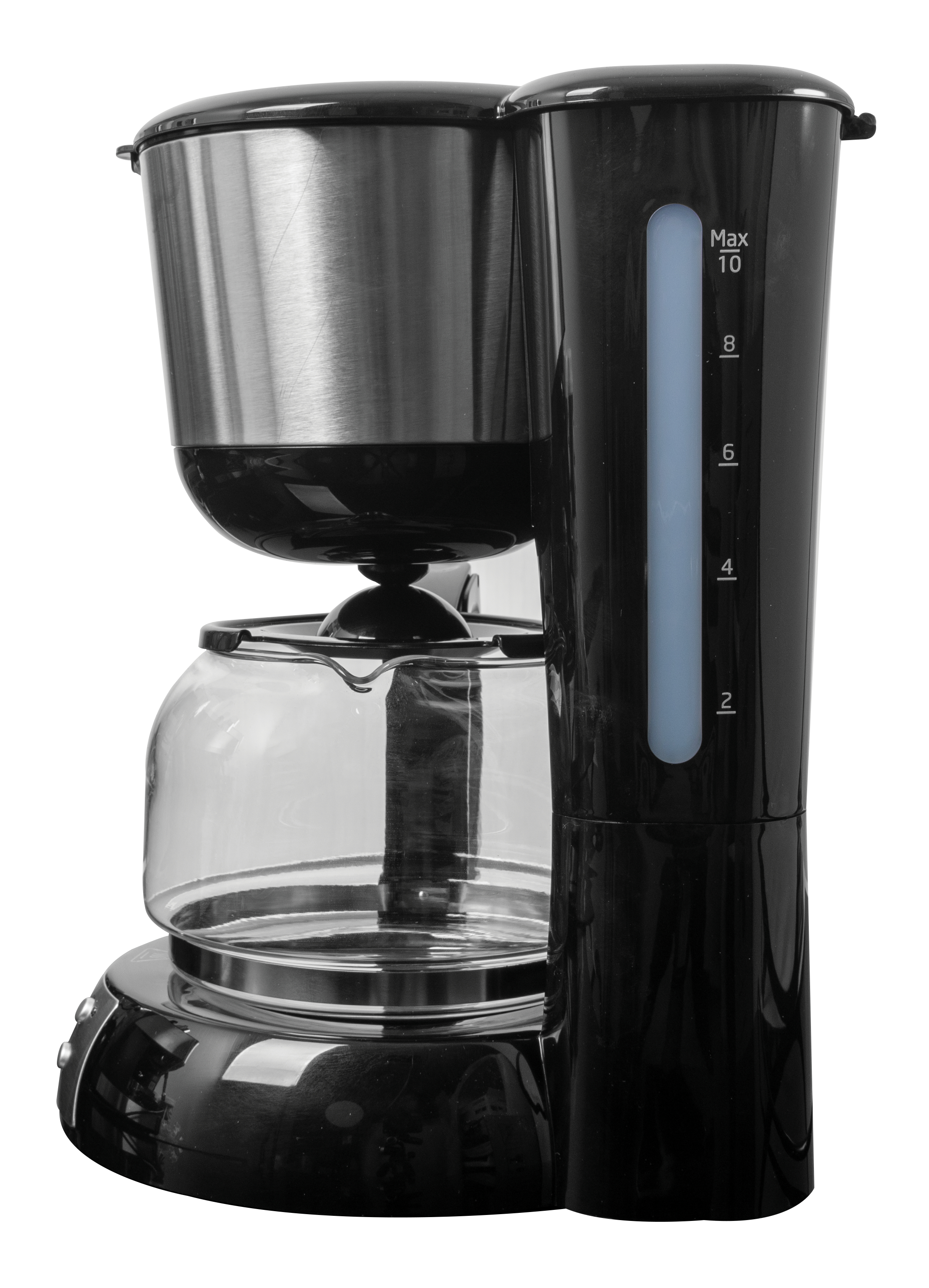 Eine schwarz-silberne Kaffeemaschine mit Glaskaraffe, die die Wasserstandsanzeige zeigt.