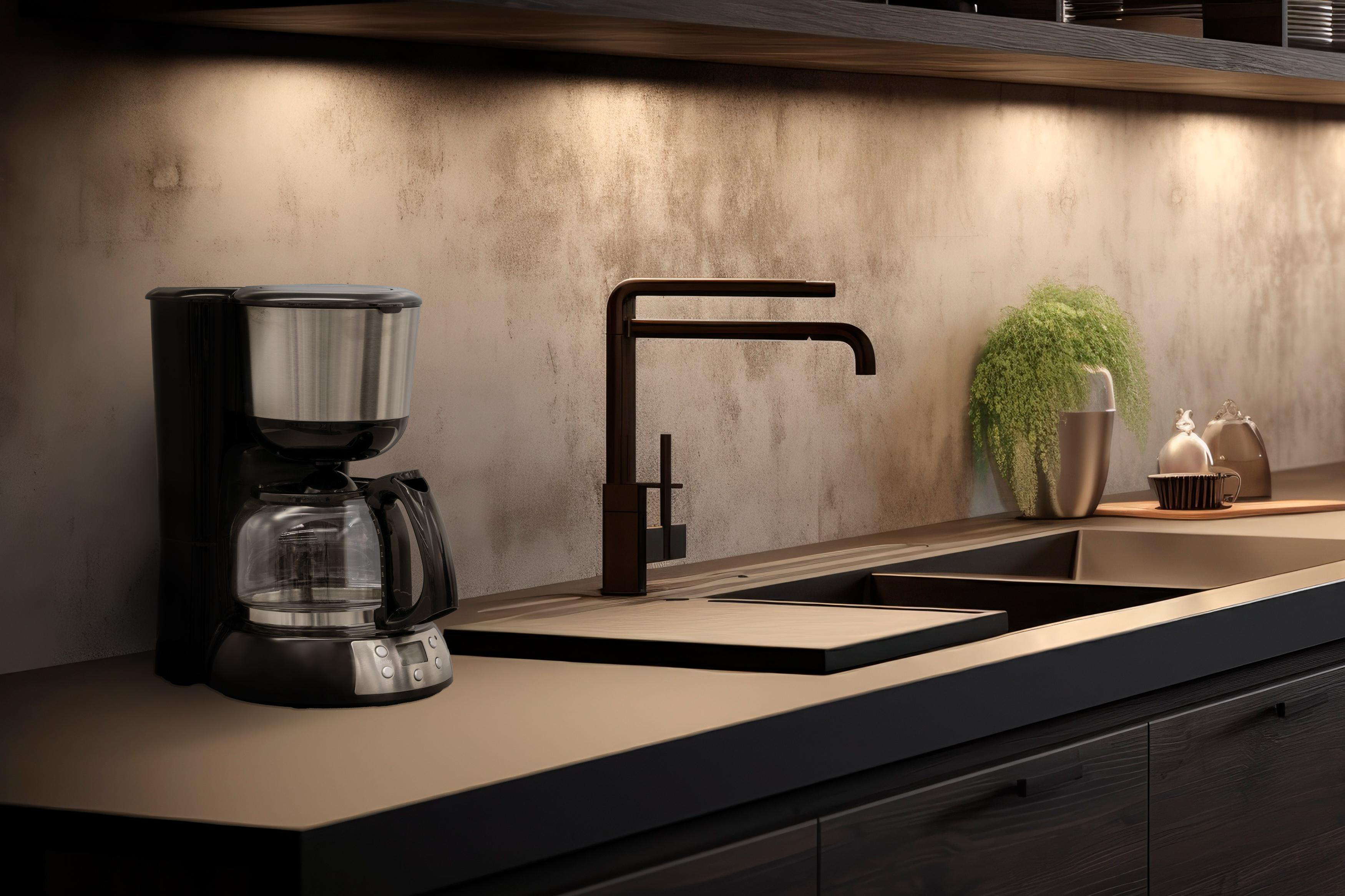 Eine Küchenszene mit einer Kaffeemaschine, einem Wasserhahn und anderen Gegenständen auf einer Arbeitsplatte.
