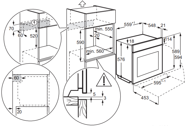 Diagram a beépített sütő méreteivel és telepítési részleteivel, milliméterben megadott méretekkel.