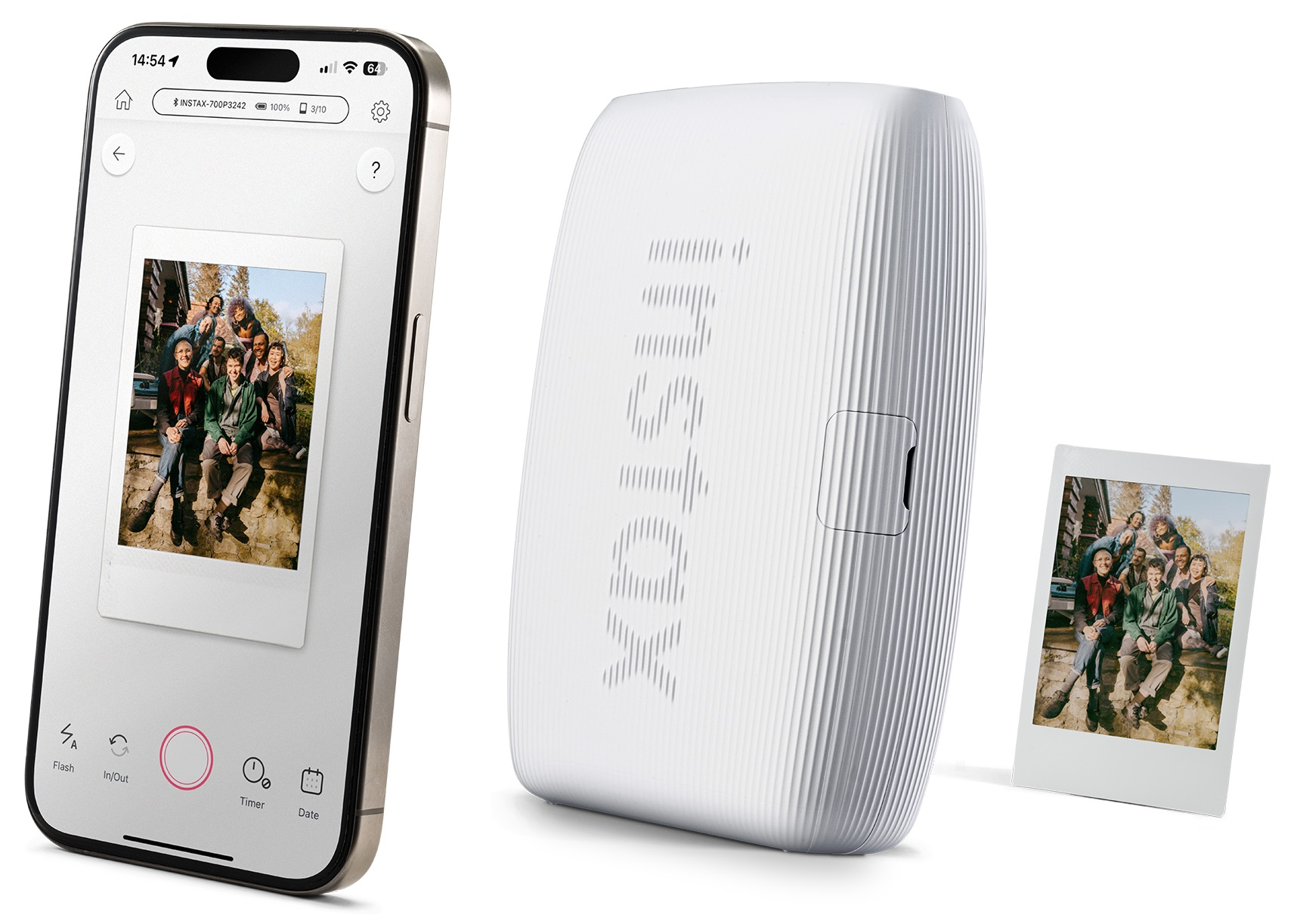 Biała drukarka Instax z telefonem wyświetlającym zdjęcie i wydrukowanym zdjęciem.