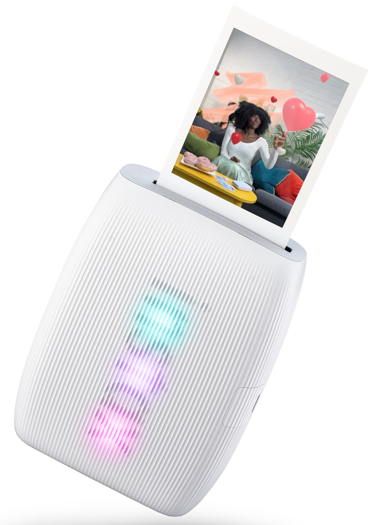 Biała przenośna drukarka z wyjmowanym zdjęciem i kolorowymi światłami.