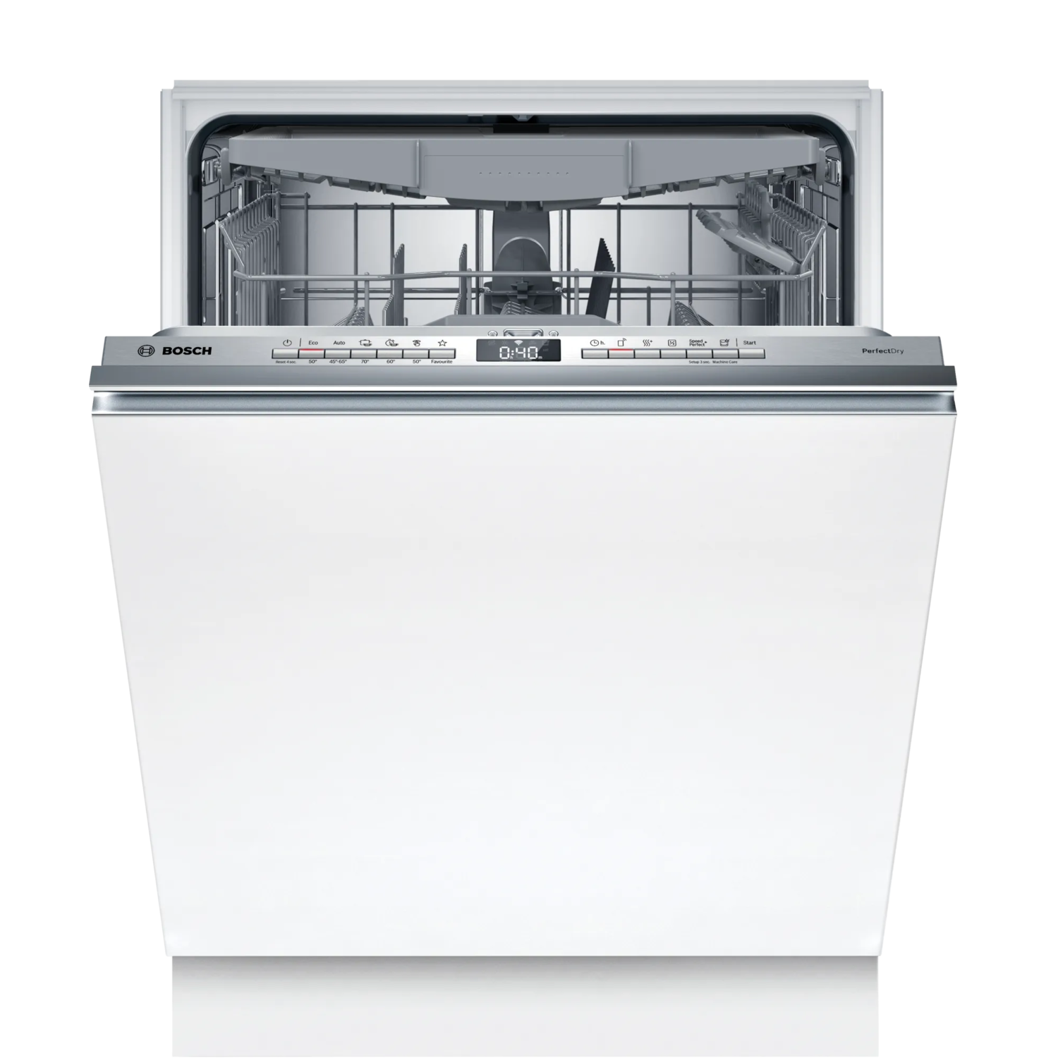 Witte Bosch vaatwasser, open. Bedieningspaneel bovenaan. Wit deurpaneel.