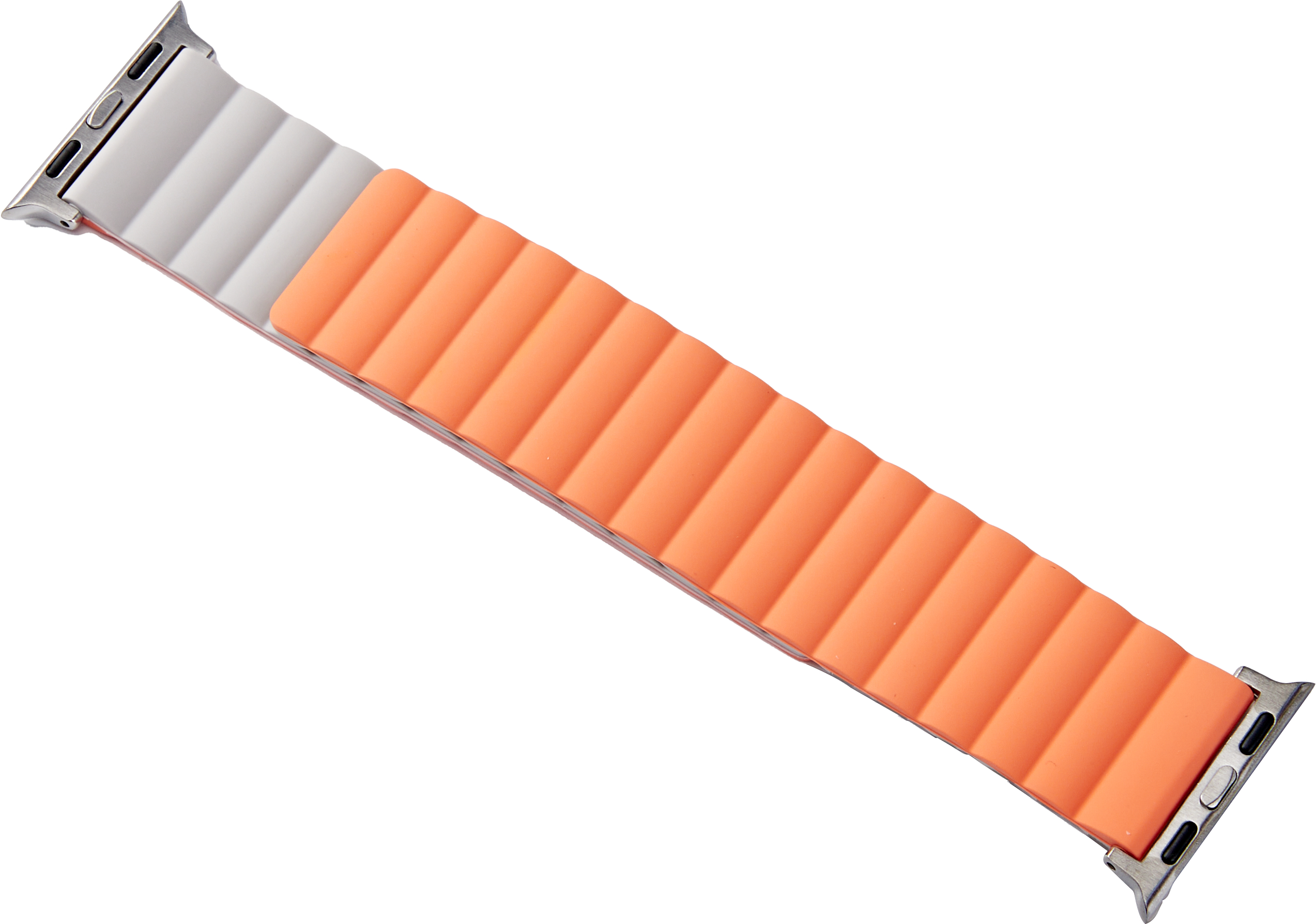 Apple Watch Armband mit orangefarbenen und weißen Segmenten, mit silbernen Verschlüssen.