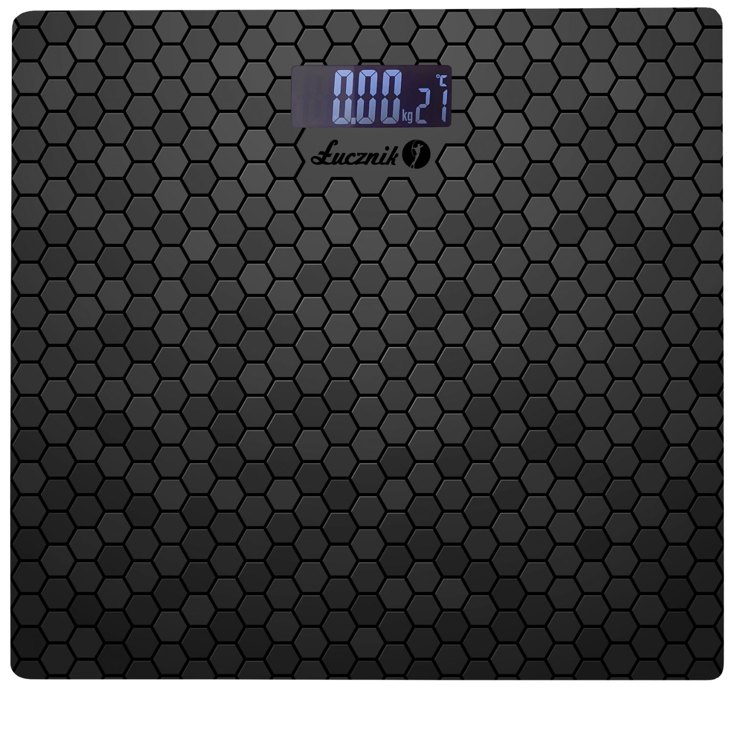Waga LUCZNIK. Czarna, z sześciokątnym wzorem. Wyświetlacz cyfrowy z wagą i temperaturą.