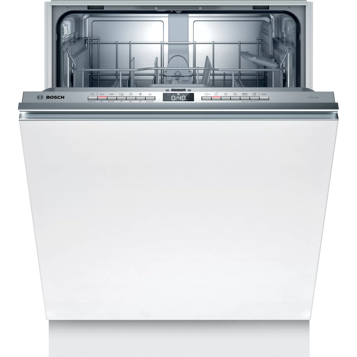 Witte Bosch vaatwasser, open. Interieur met rekken, bediening, display: 0:40.