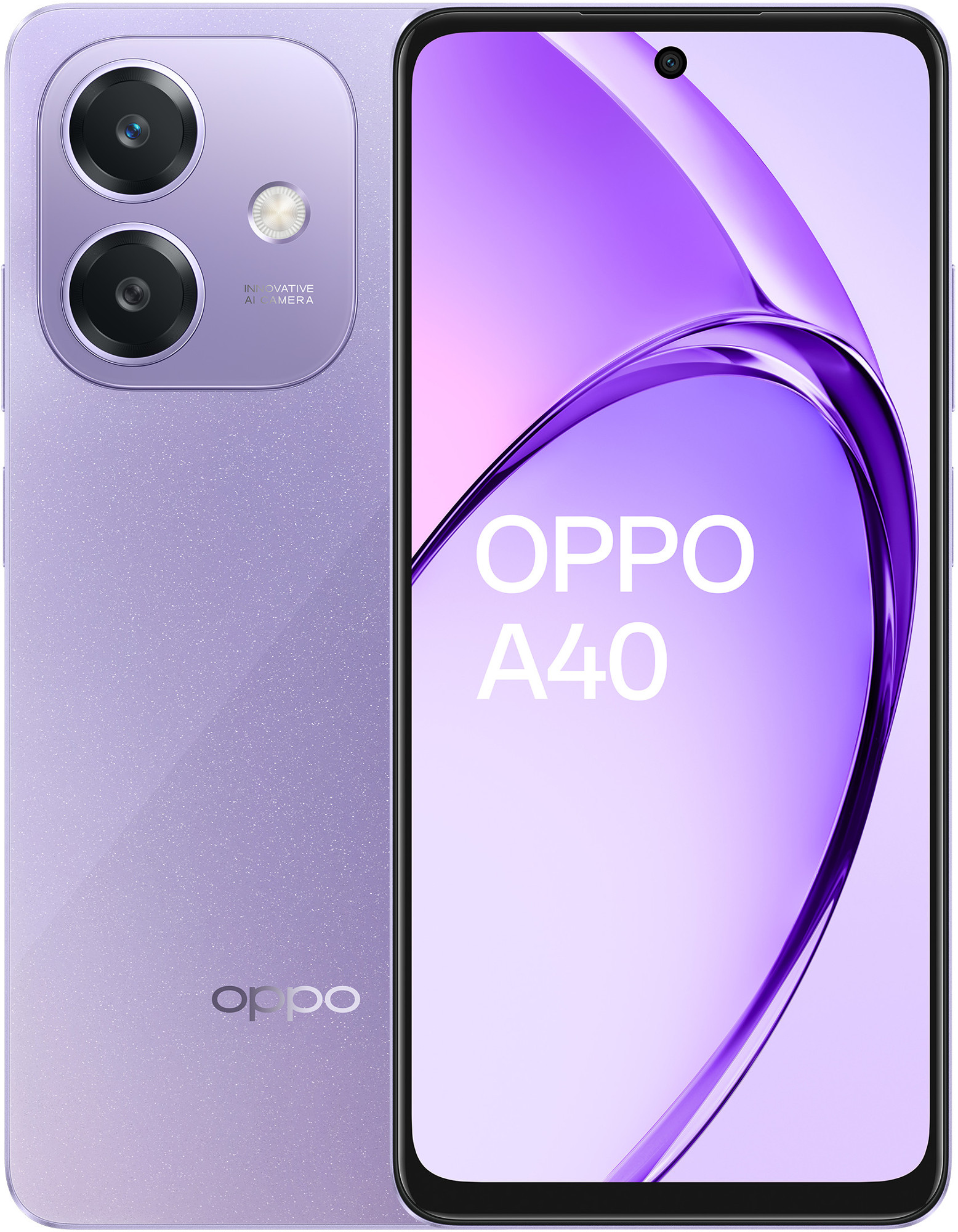 Fioletowy telefon Oppo A40 z dwoma aparatami. Ekran pokazuje nazwę telefonu.