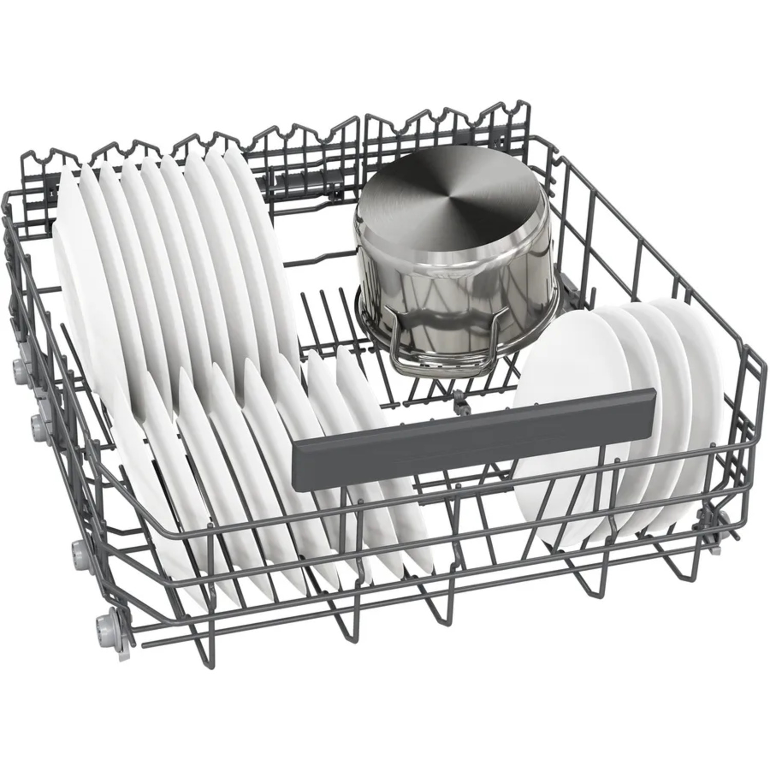 A dishwasher rack with plates and a pot inside.