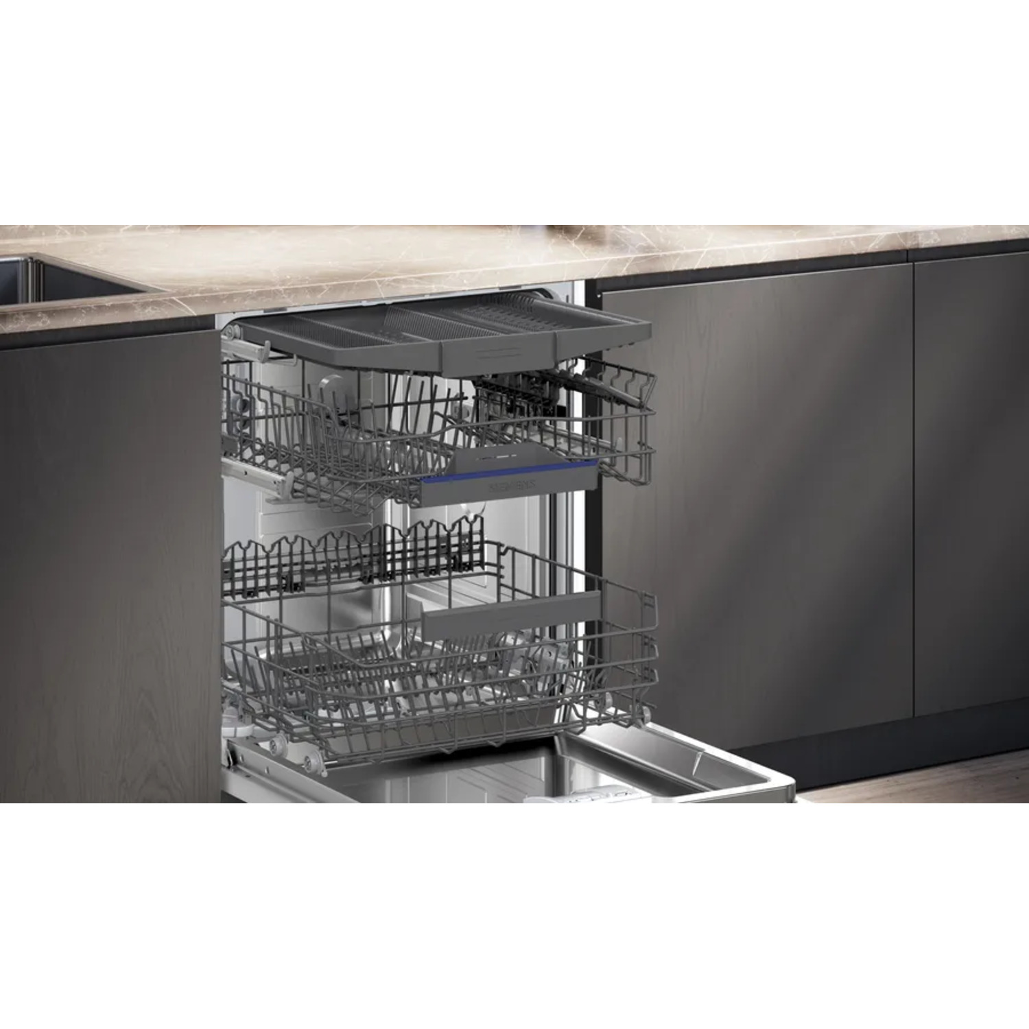 Dishwasher interior with upper and lower racks visible with dishes inside.
